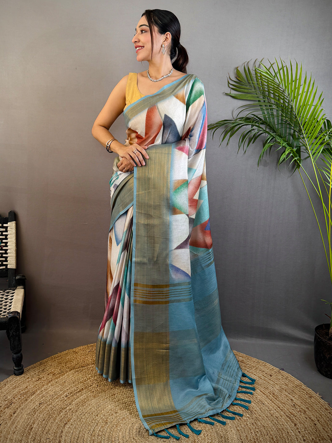Sky Blue Geometric Kalamkari Linen Saree by My Store