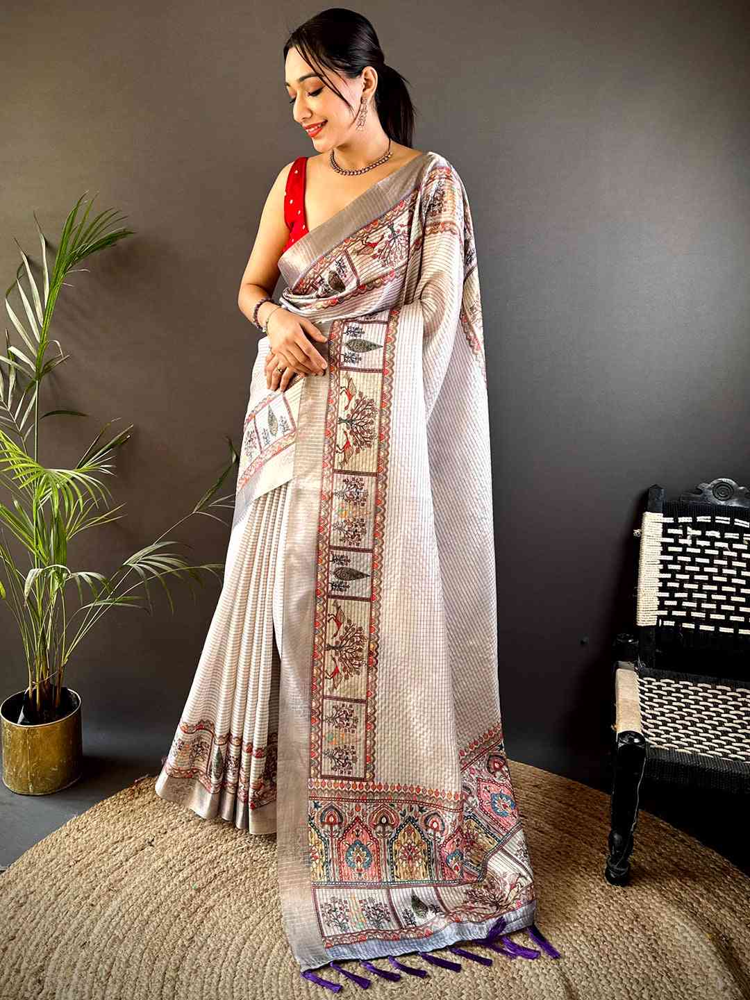 Graceful Off White Soft Silk Chex Saree by My Store