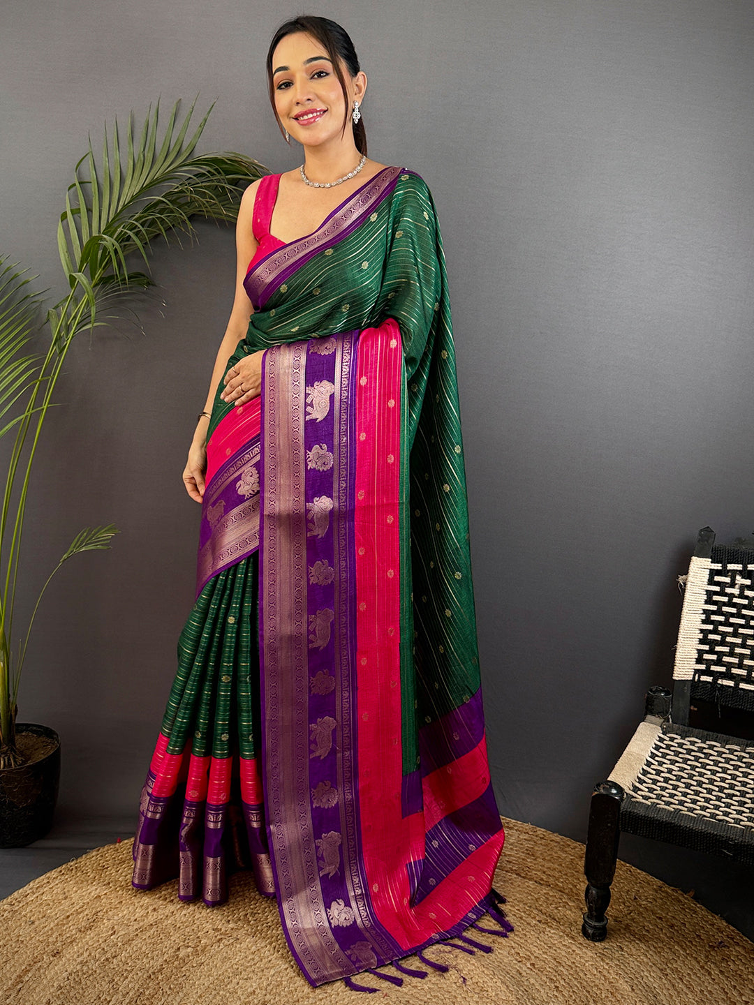 Green Soft Dola Silk Striped Print Saree by My Store