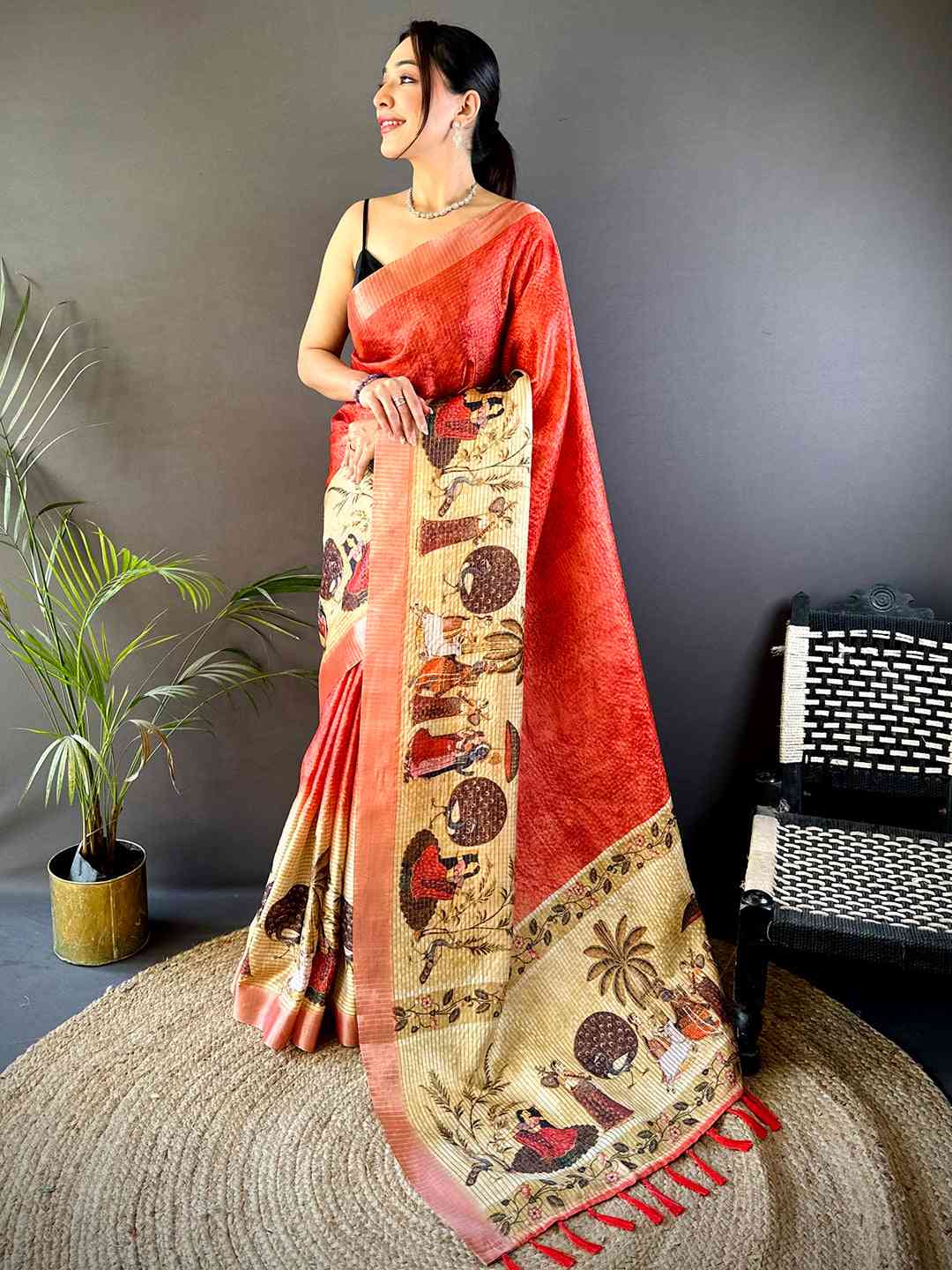 Red Kalamkari Pichwai Black Check Saree by My Store