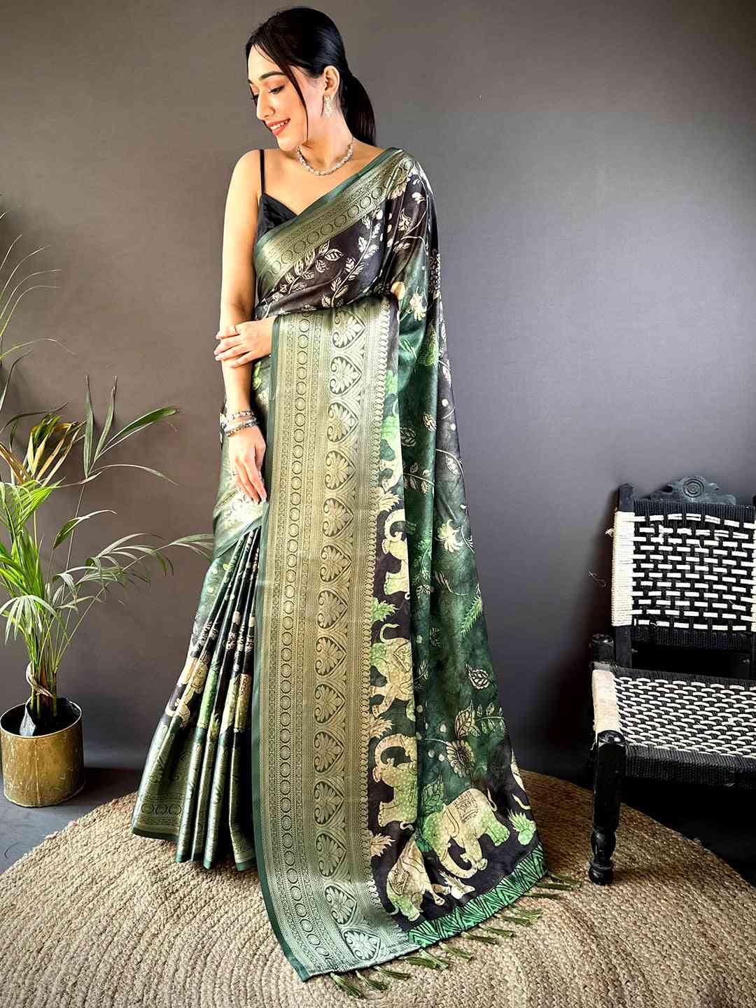 Green Soft Silk Animal Bandhej Saree by My Store