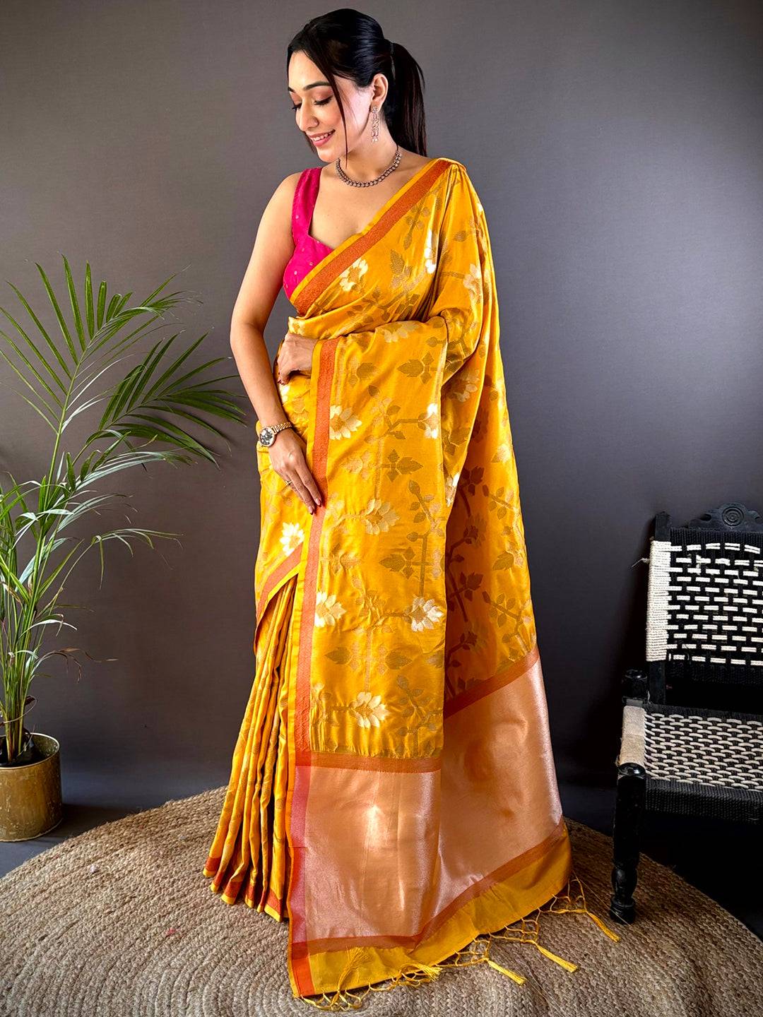 Soft Silk Geometric Floral Printed Saree by My Store