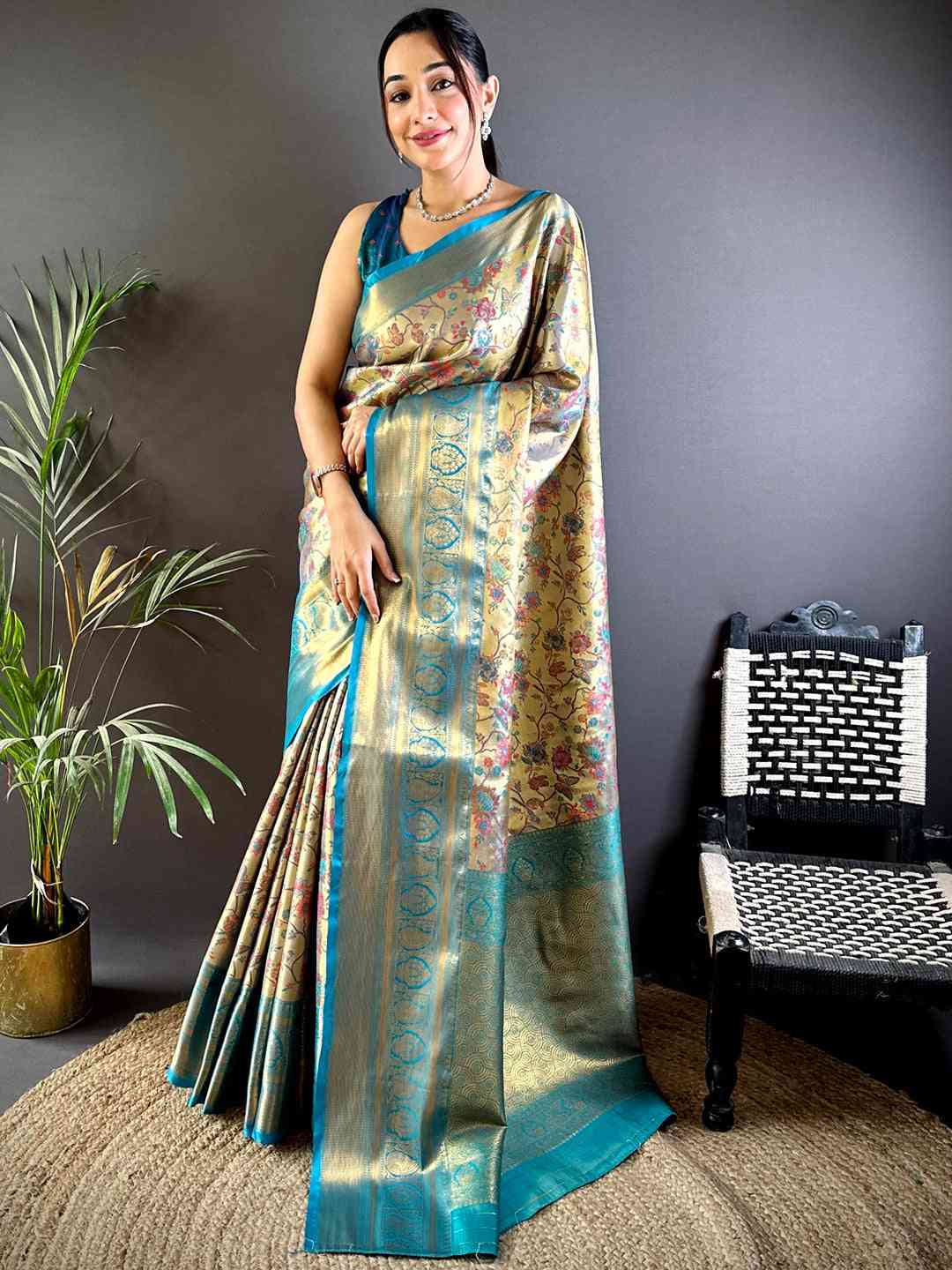 Radiant Rama Butterfly Floral Dharmavaram Saree by My Store