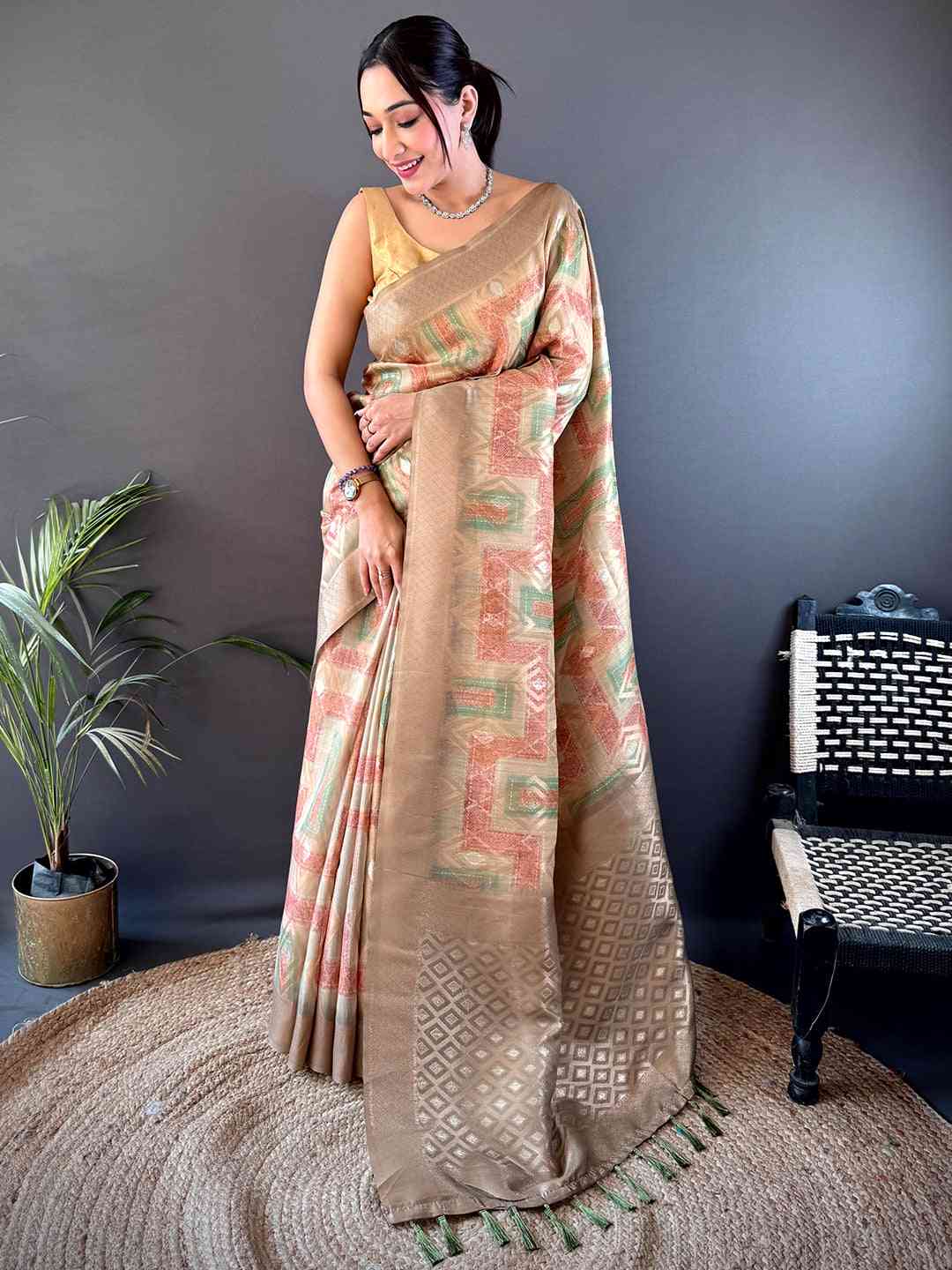 Beige Banarasi Silk Katan Geometric Saree