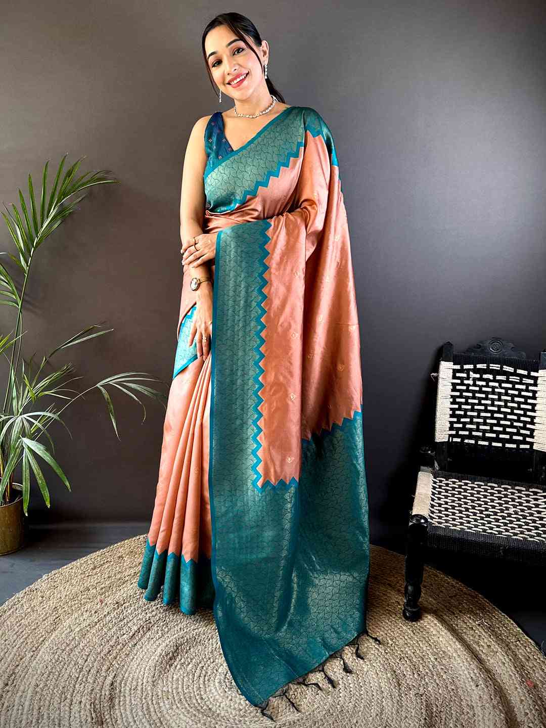 Peach Soft Katan Silk Saree by My Store