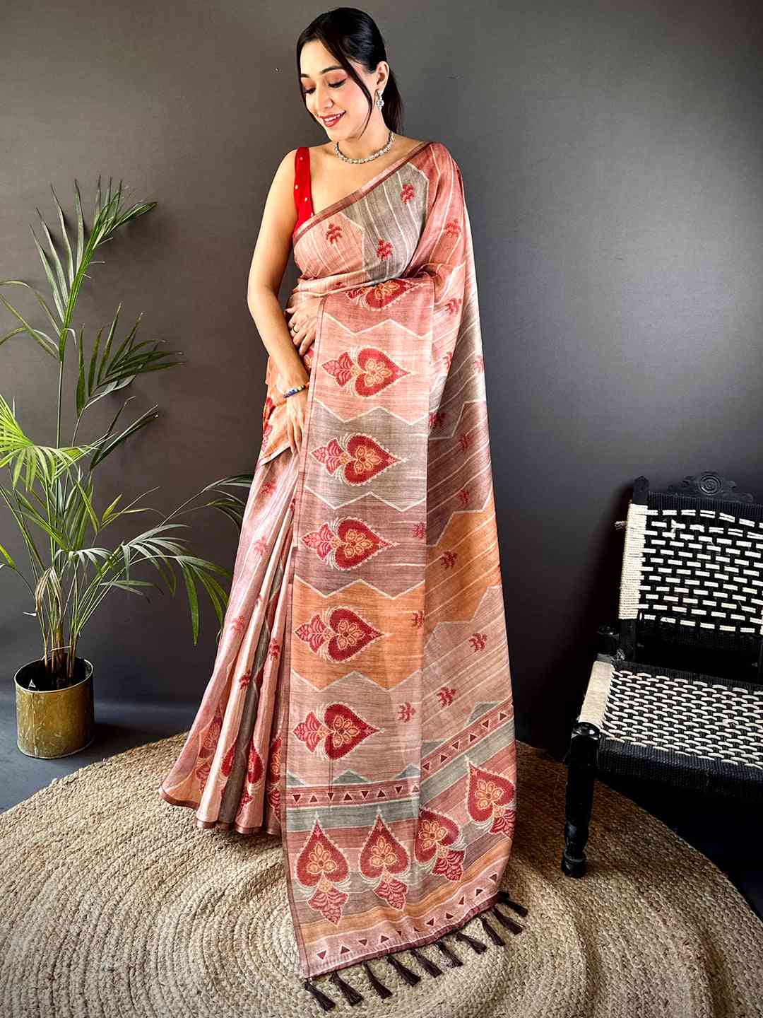 Rust Tissue Chanderi Geometric Floral Saree by My Store