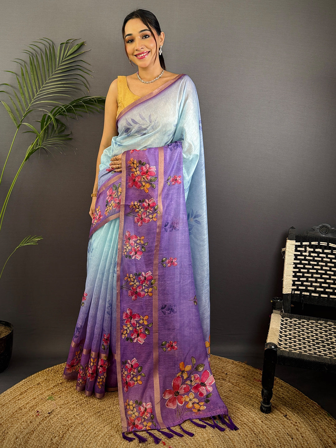 Sky Blue Linen Chanderi Floral Print Saree by My Store