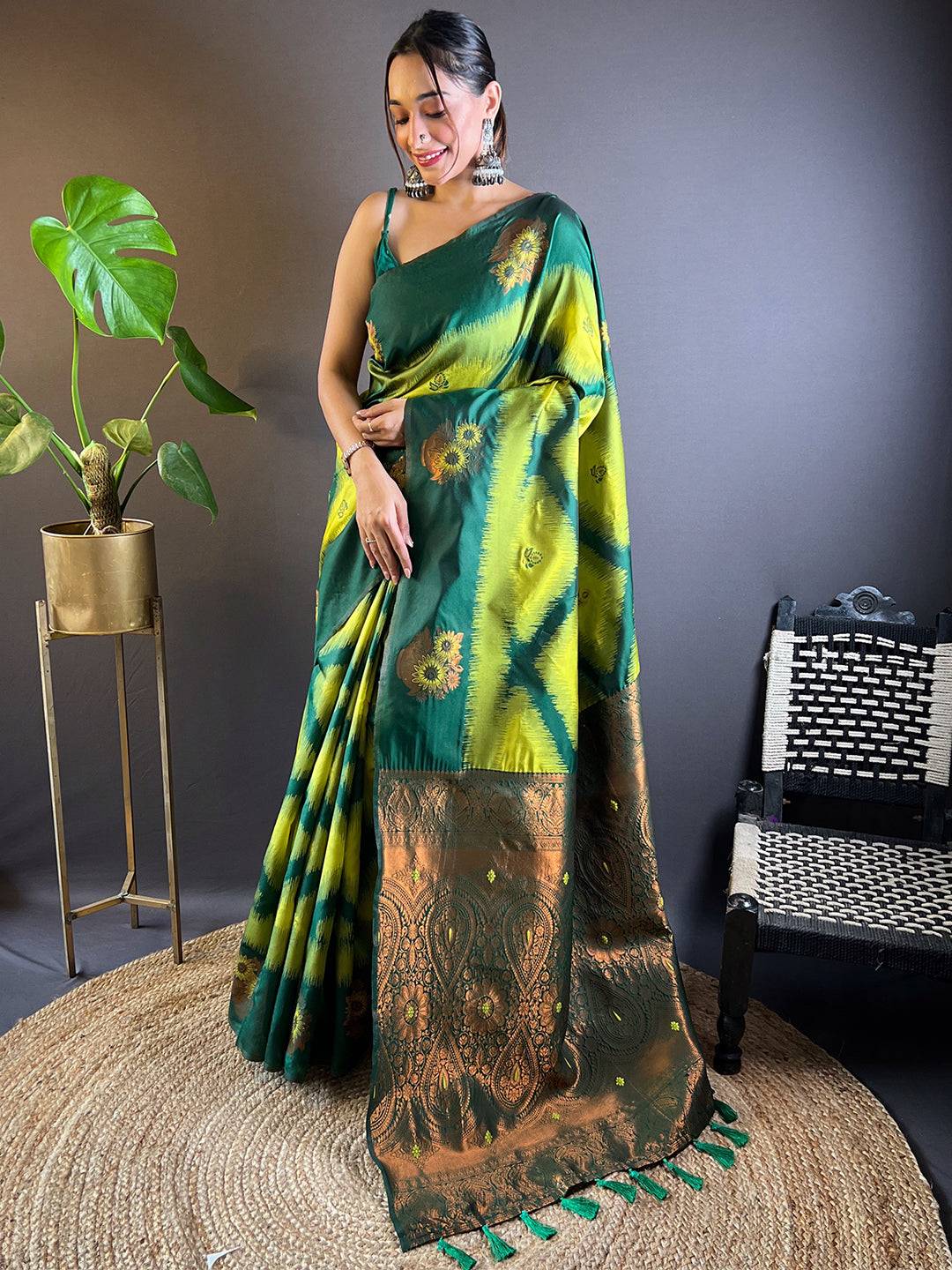 Green Tussar Silk Ikkat Weaving Saree by My Store