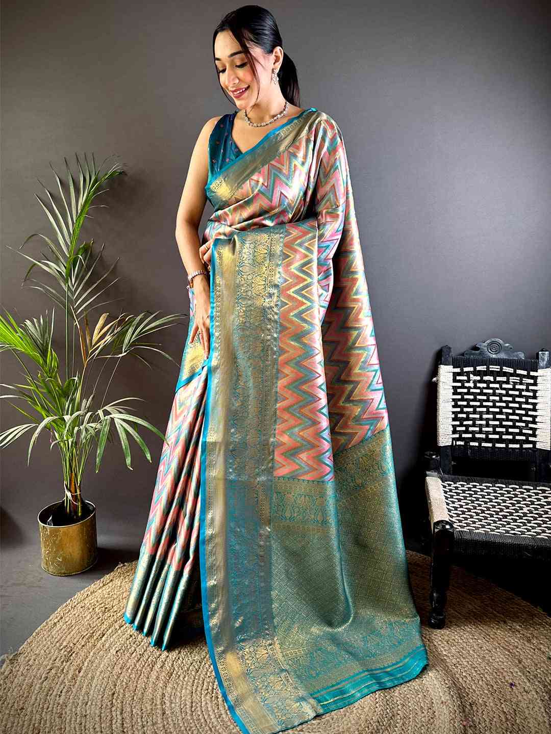 Radiant Rama Zigzag Dharmavaram Silk Saree by My Store