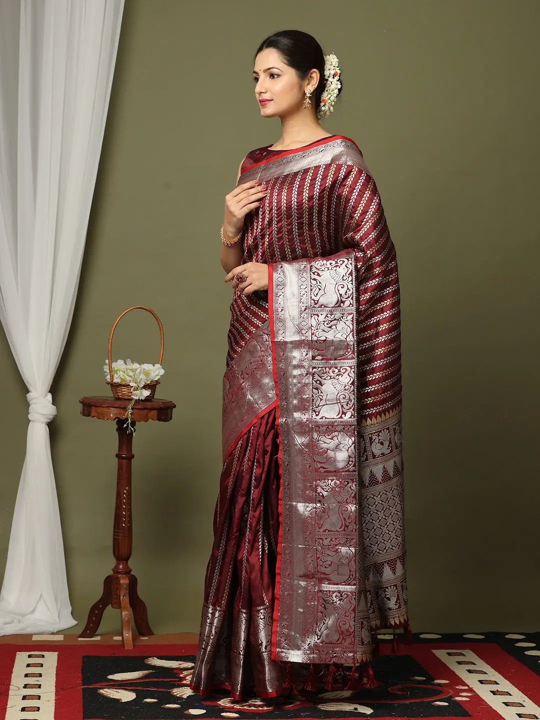 Striped Woven Design Zari Silk Blend Kanjivaram Saree by My Store