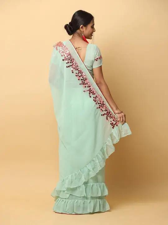 Soft Georgette Se Green Colour Ruffle Party Wear Saree by My Store