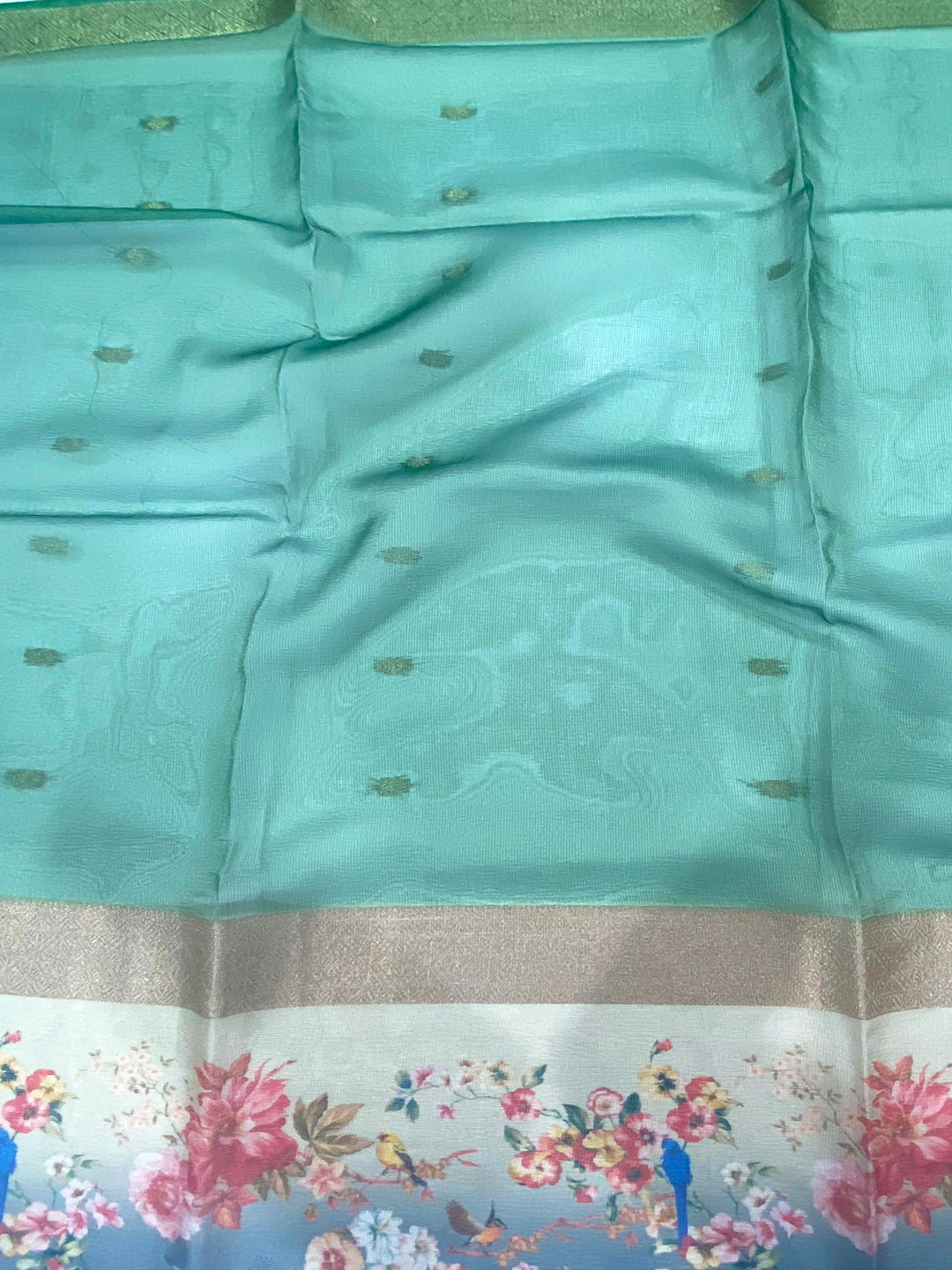 Dark Green Ombre Zari Tissue Digital Print Saree by My Store