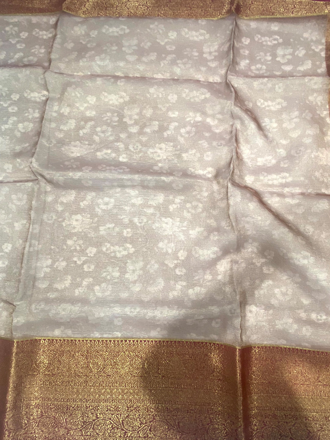 Tan Beige Floral Gold Zari Tissue Saree by My Store