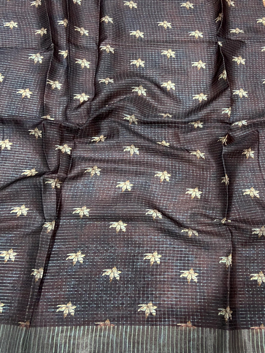 Rust Brown Tissue Chanderi Digital Check Saree by My Store