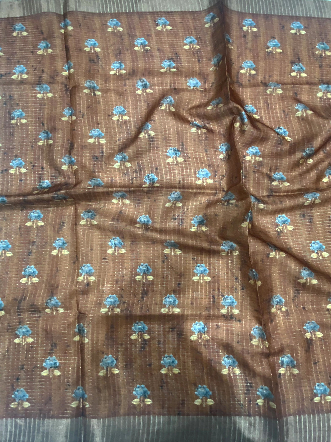 Brown Chex Kalamkari Floral Print Saree by My Store