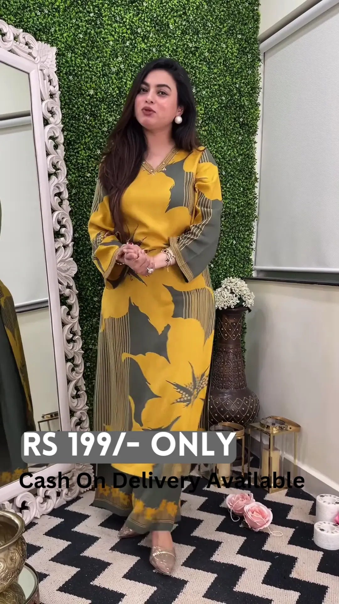 Chic Mustard & Grey Printed Long Dress – Effortless Elegance - My Store