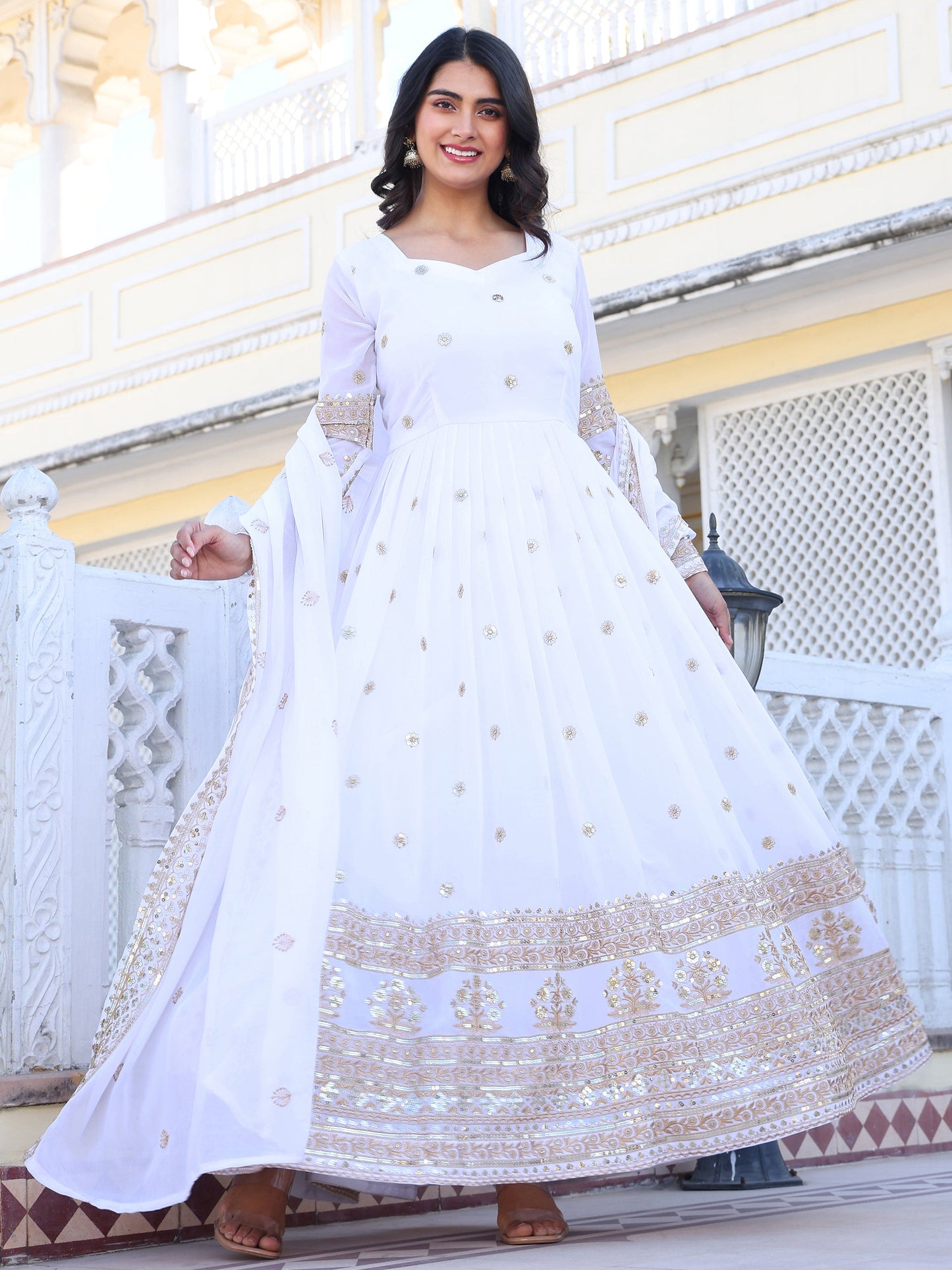 Party Wear Georgette White Anarkli Suit