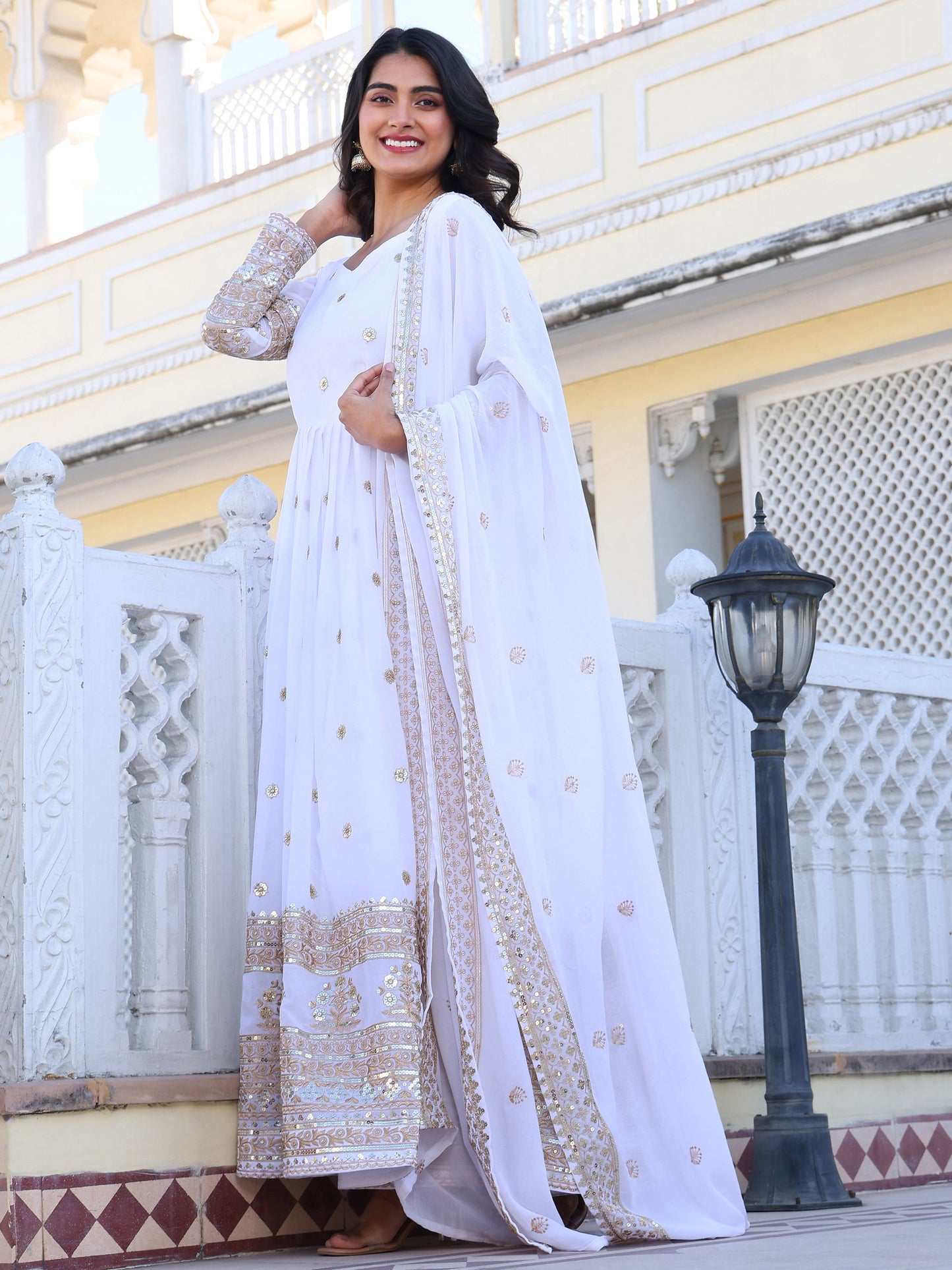 Party Wear Georgette White Anarkli Suit