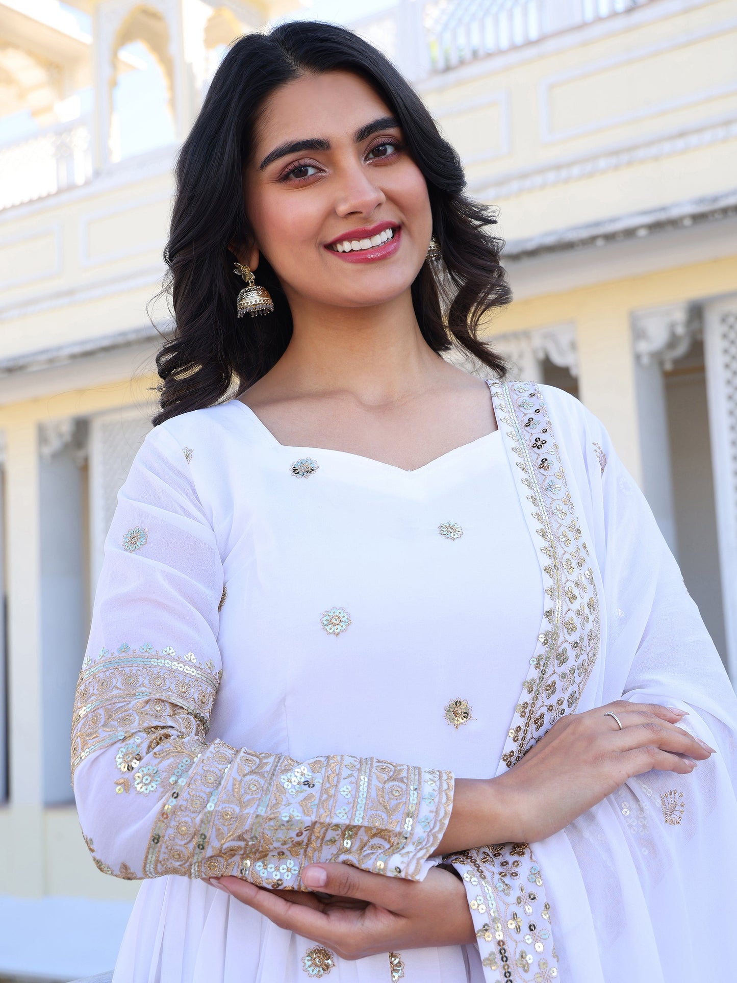 Party Wear Georgette White Anarkli Suit