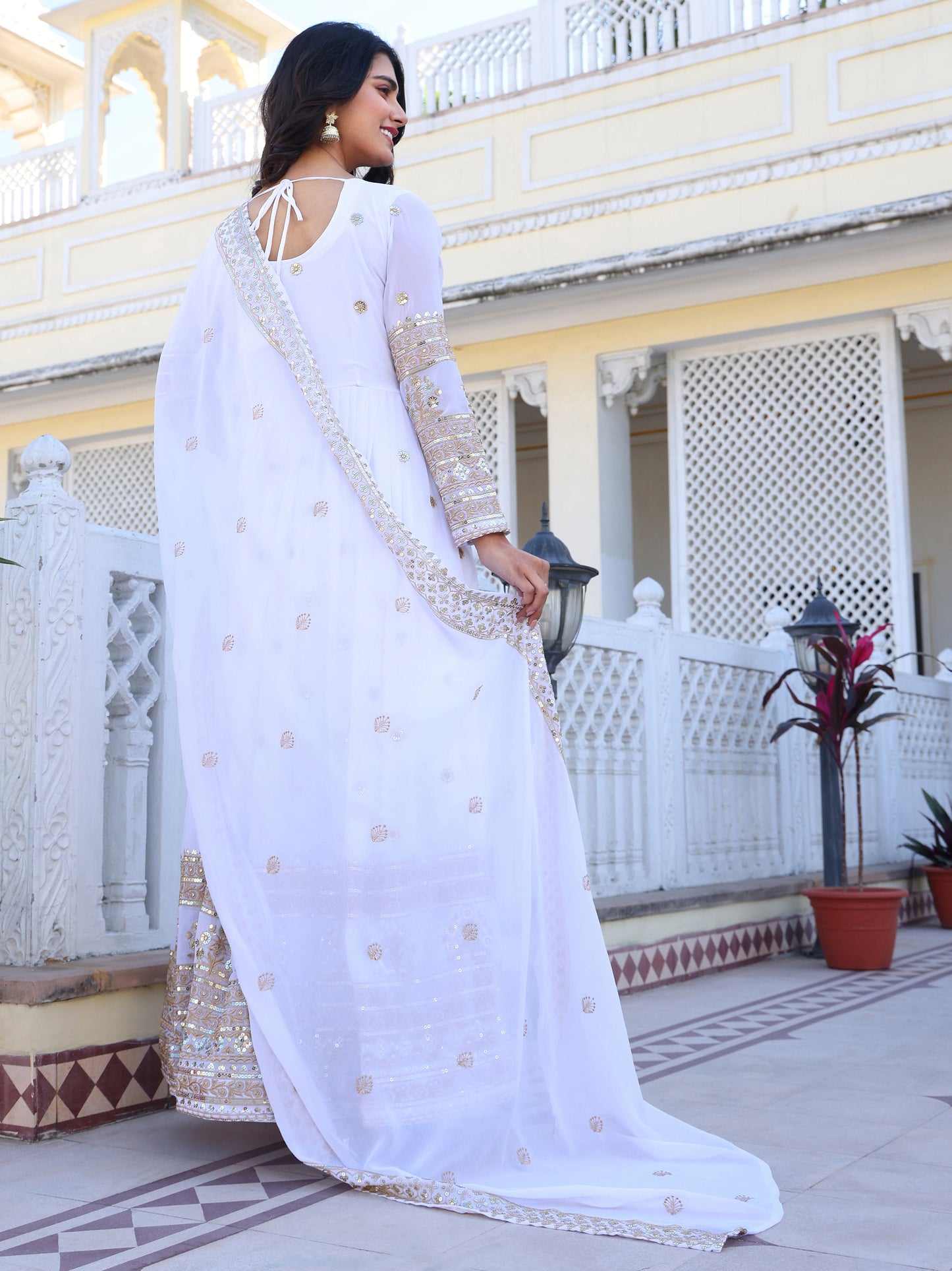Party Wear Georgette White Anarkli Suit