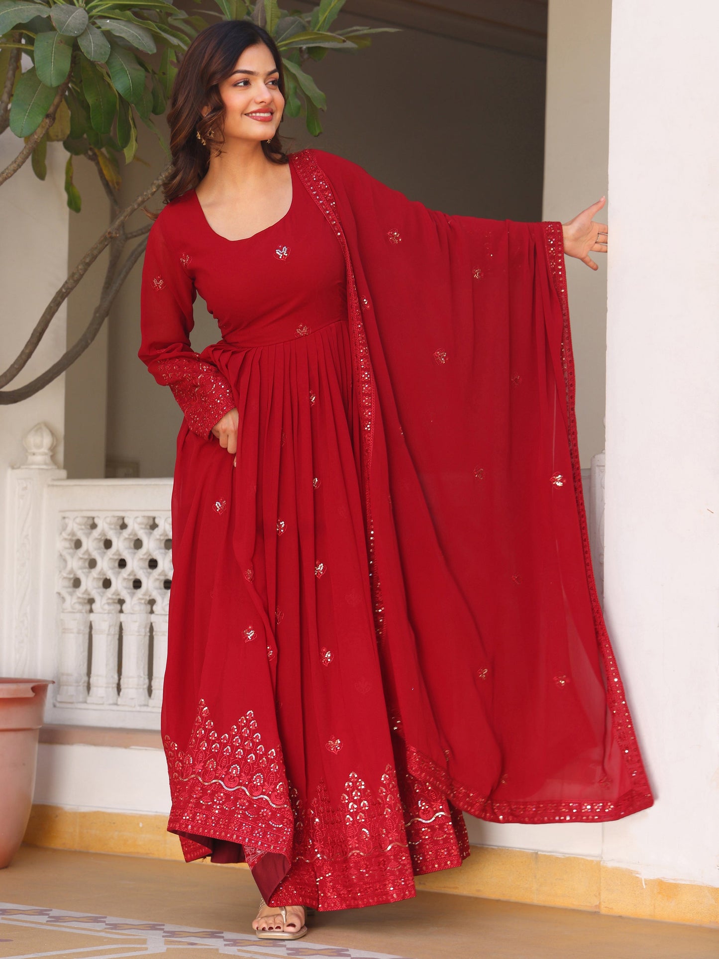Georgette Embroidered Maroon Anarkali Suit