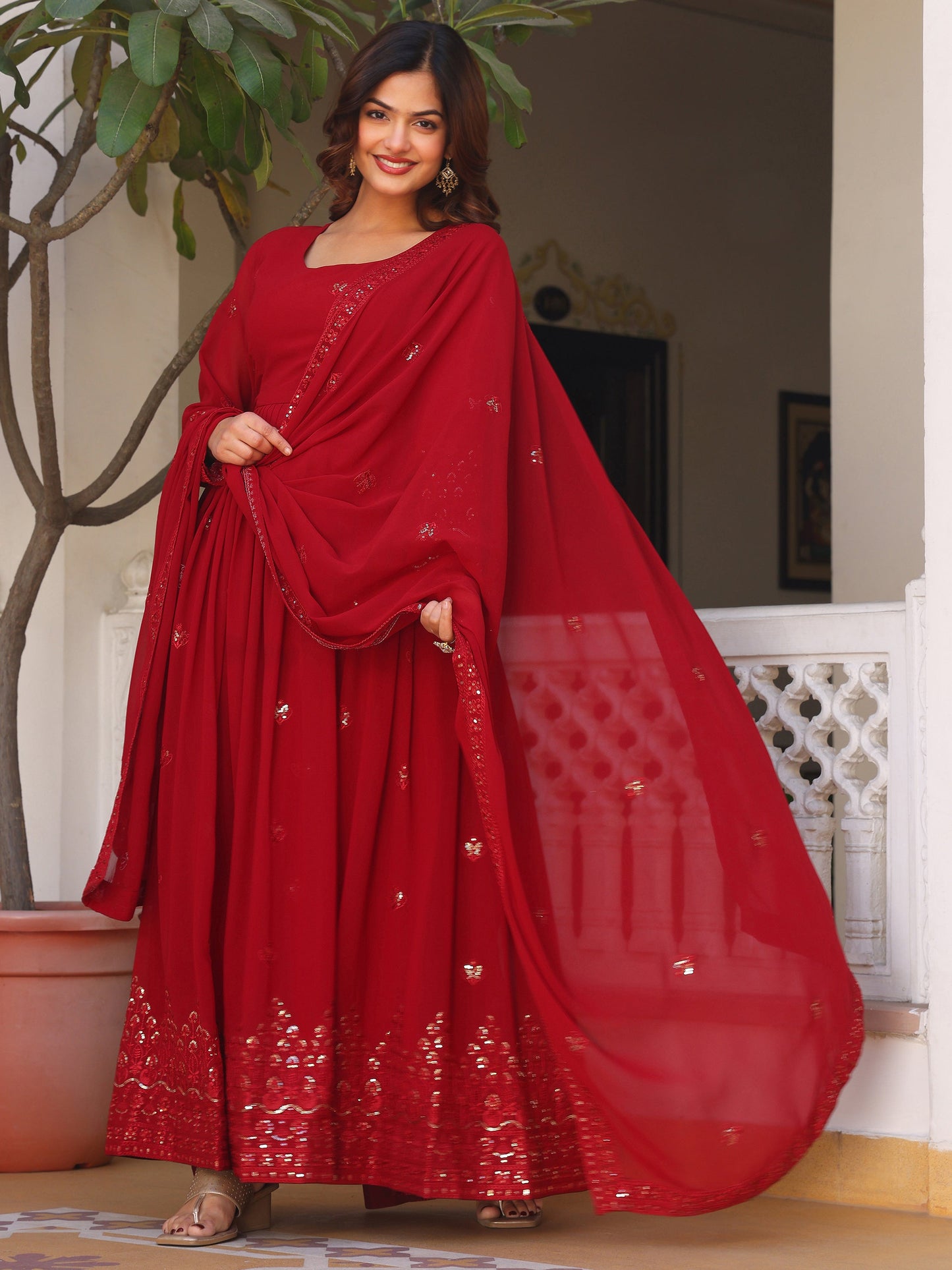 Georgette Embroidered Maroon Anarkali Suit