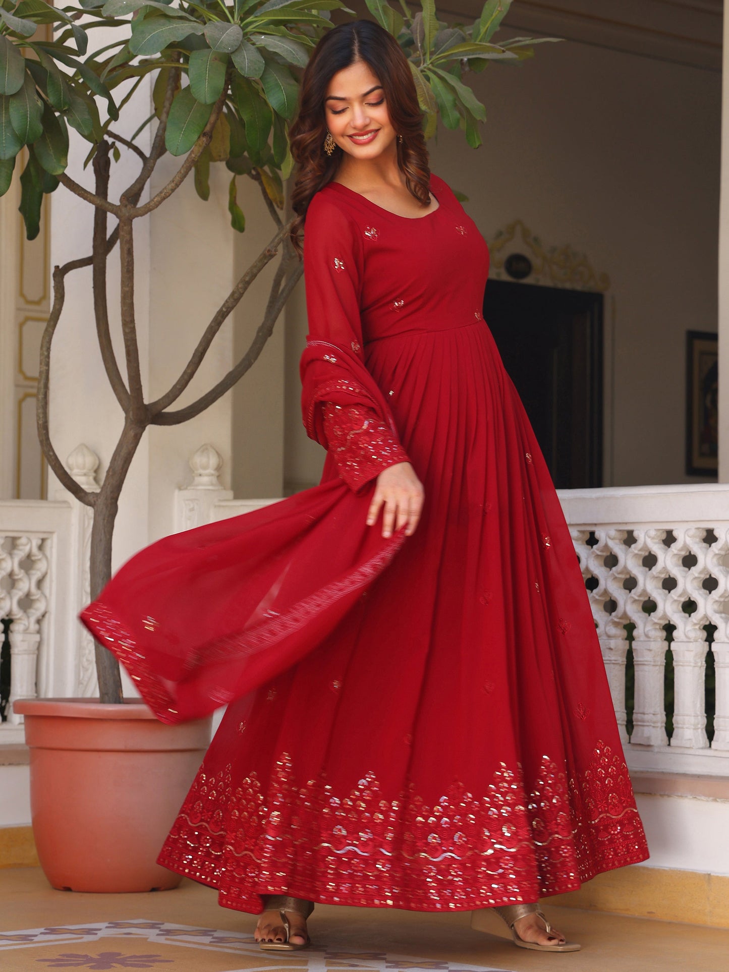 Georgette Embroidered Maroon Anarkali Suit