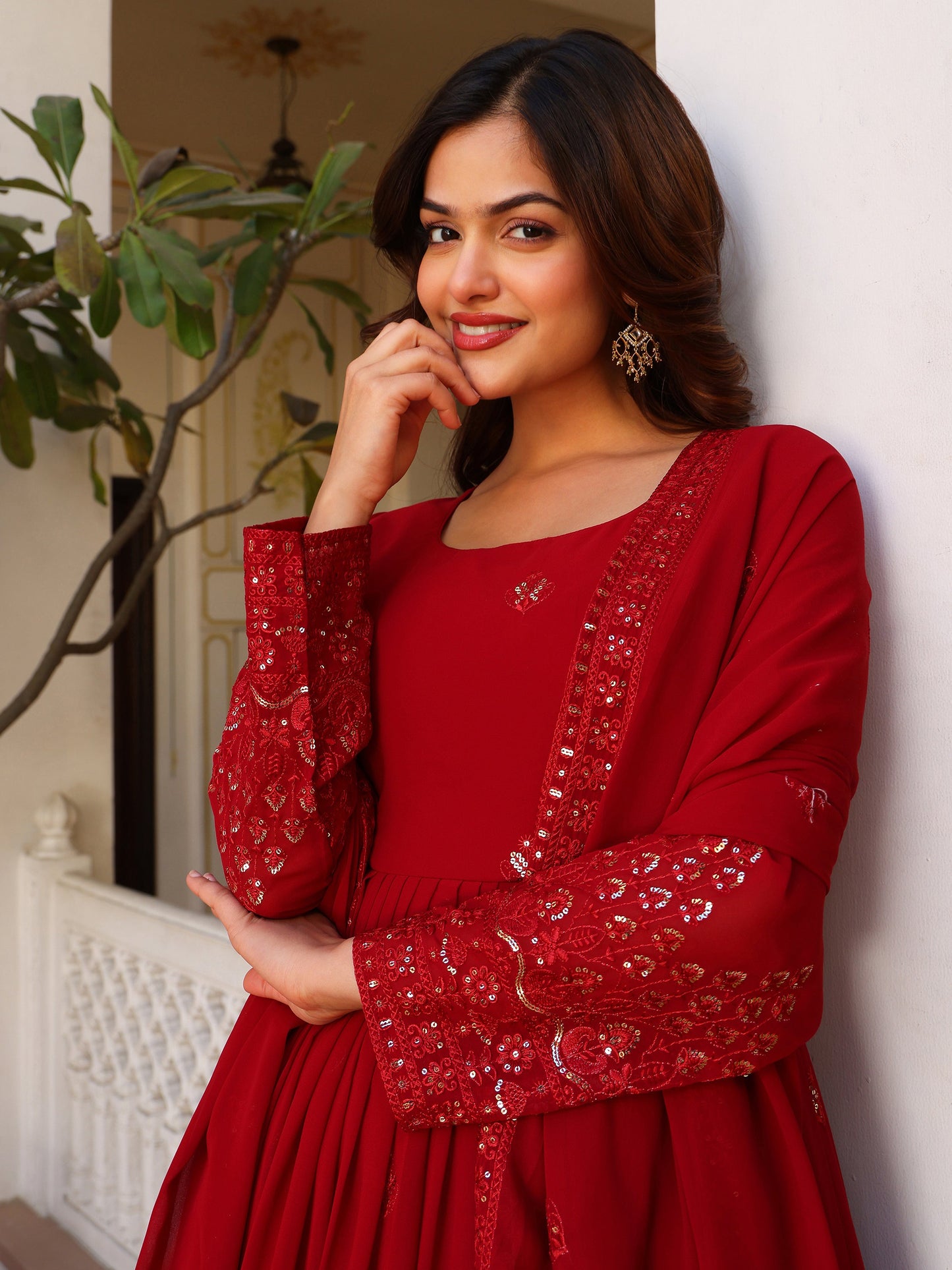 Georgette Embroidered Maroon Anarkali Suit