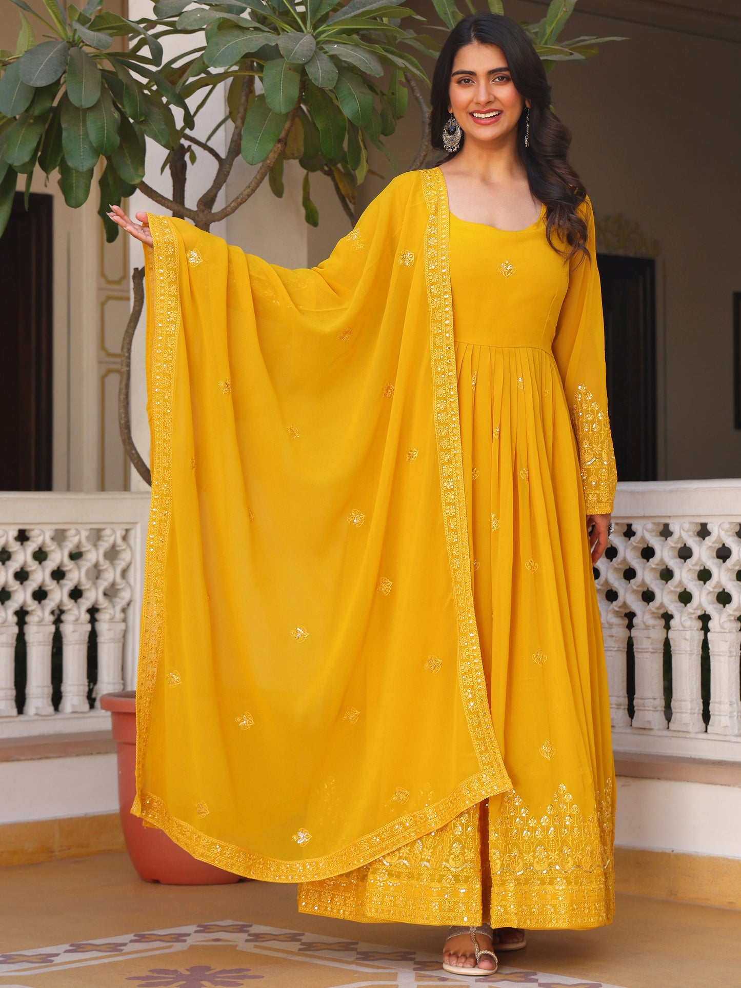 Georgette Embroidered Yellow Anarkali Suit