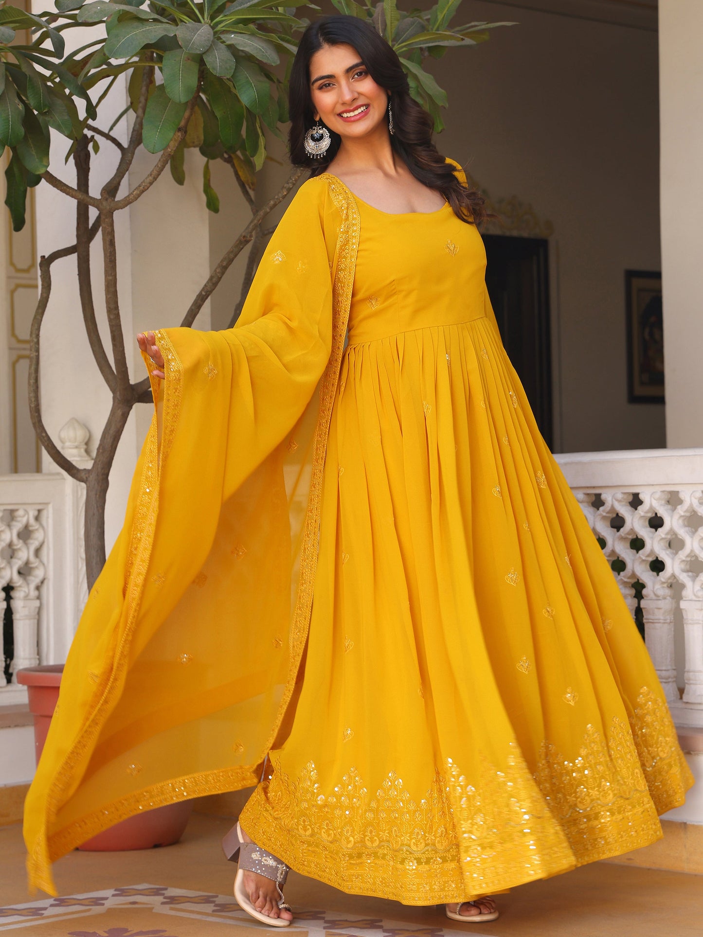 Georgette Embroidered Yellow Anarkali Suit