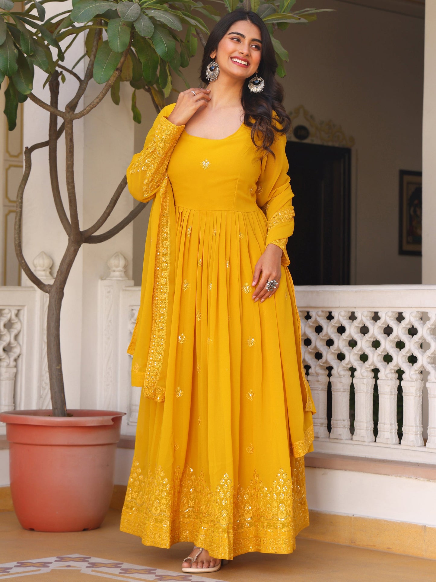 Georgette Embroidered Yellow Anarkali Suit