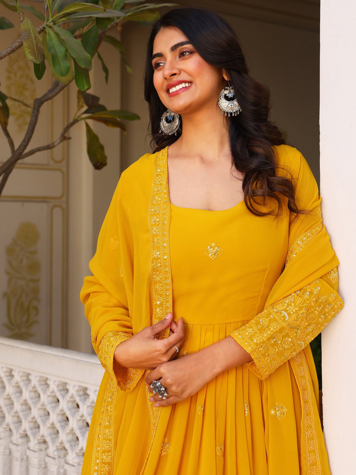 Georgette Embroidered Yellow Anarkali Suit