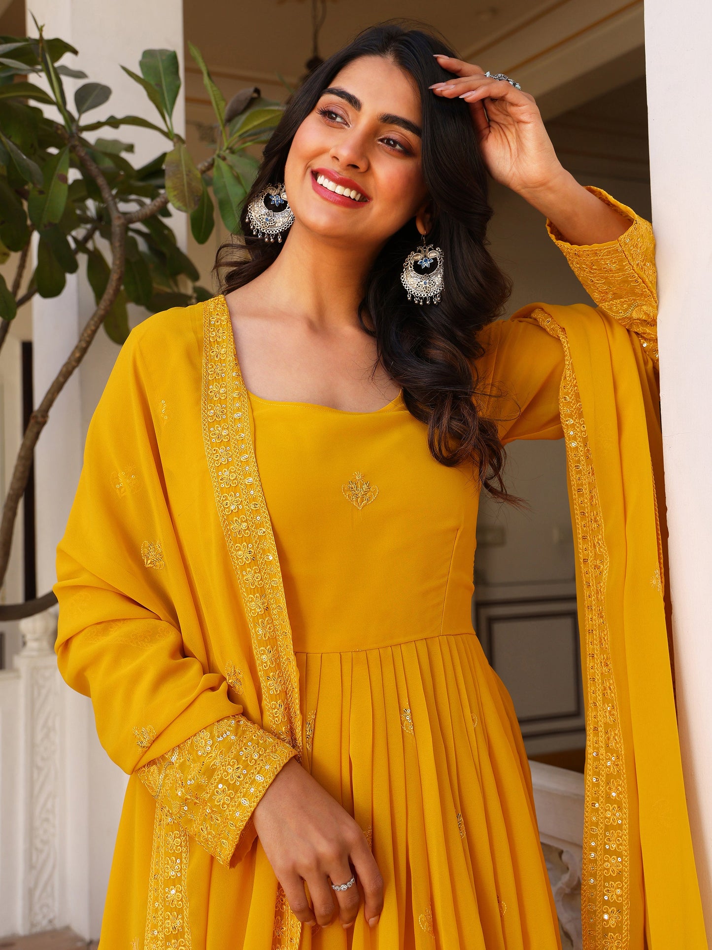 Georgette Embroidered Yellow Anarkali Suit