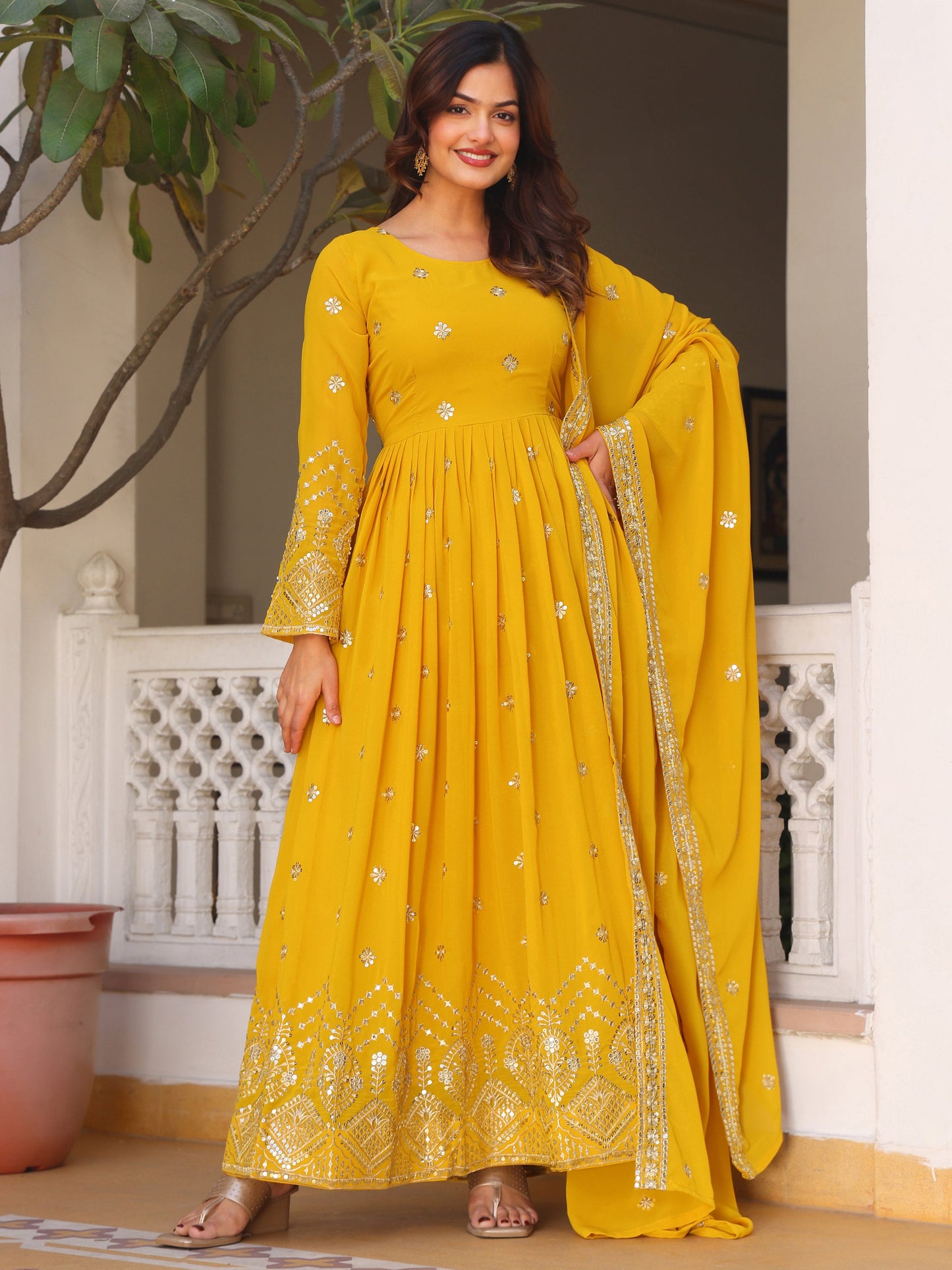 Embroidered Party Wear Yellow Anarkali Suit