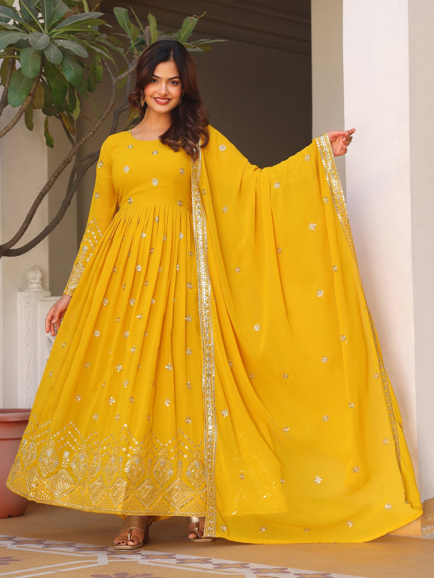 Embroidered Party Wear Yellow Anarkali Suit