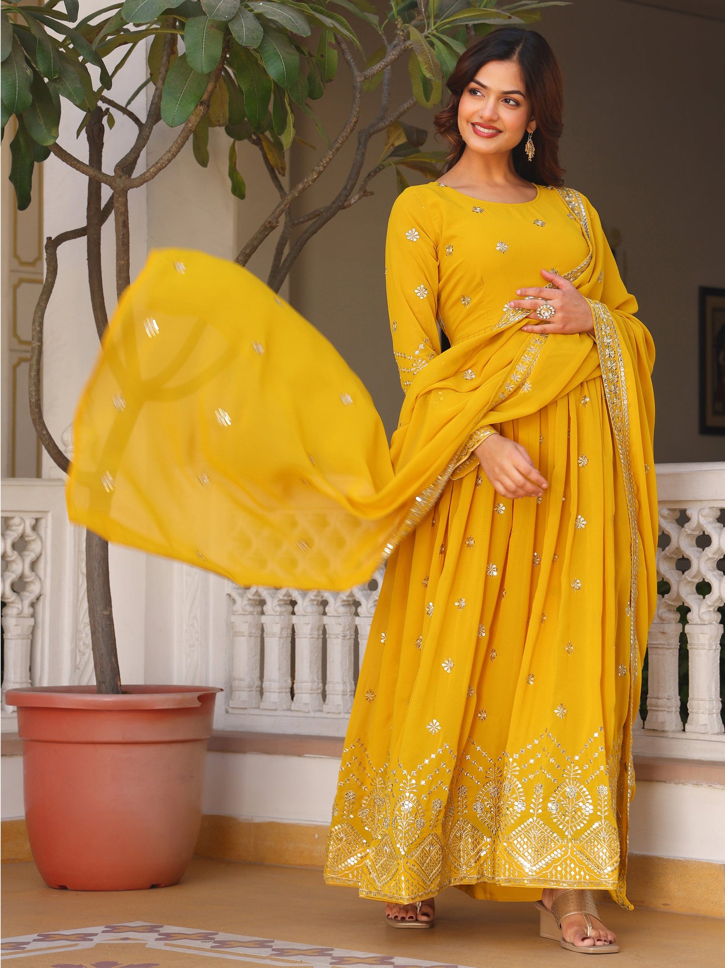 Embroidered Party Wear Yellow Anarkali Suit