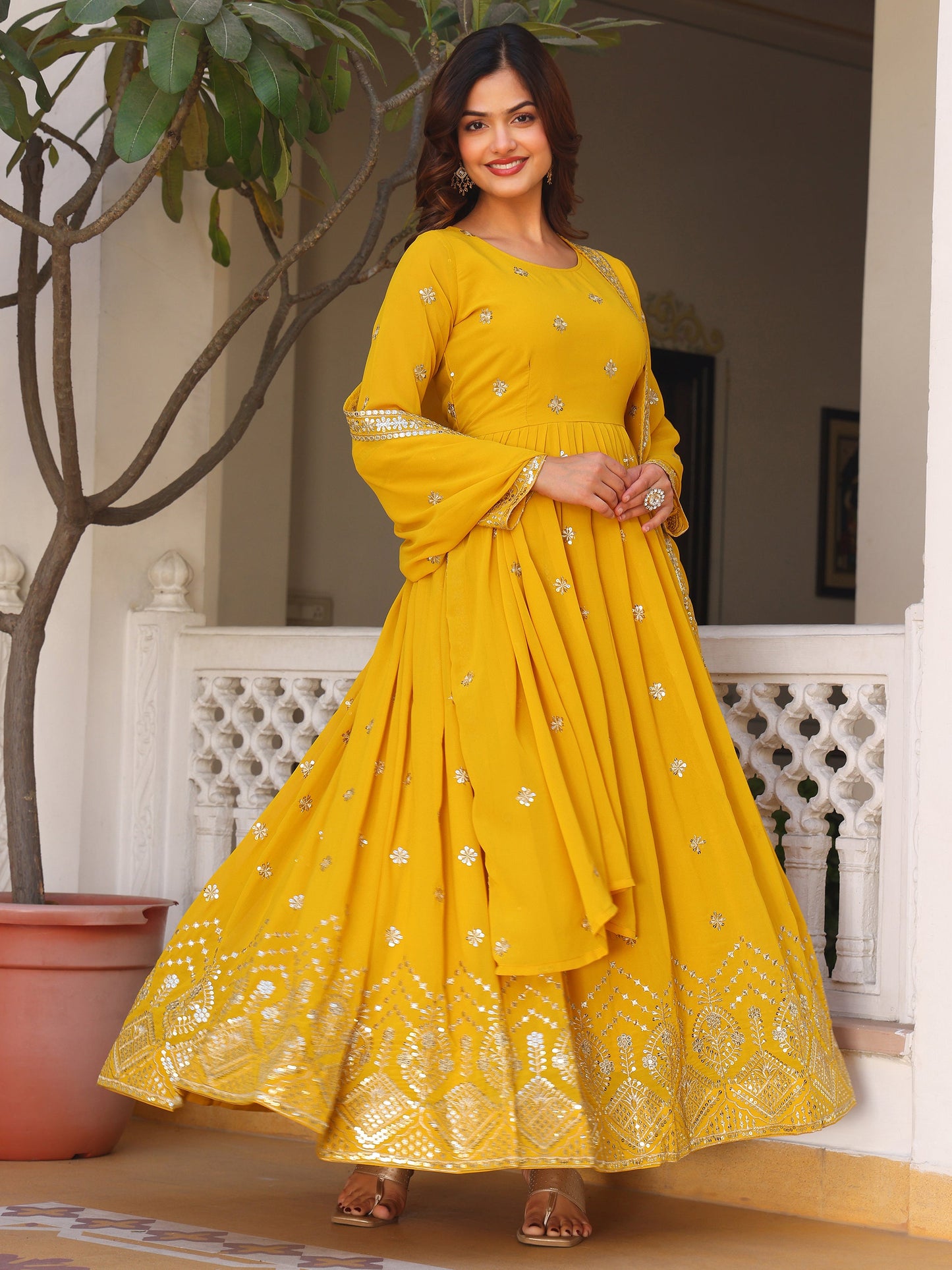 Embroidered Party Wear Yellow Anarkali Suit