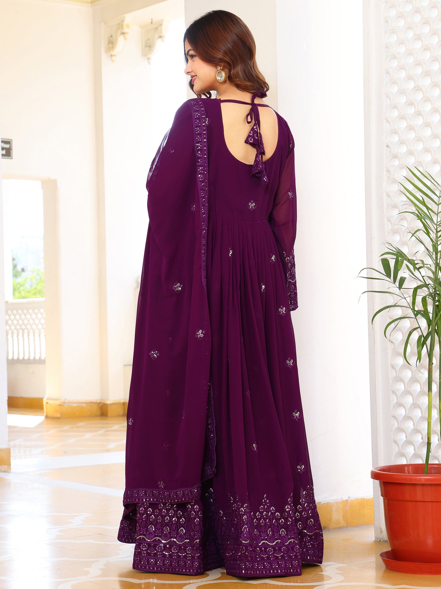Georgette Embroidered Wine Anarkali Suit