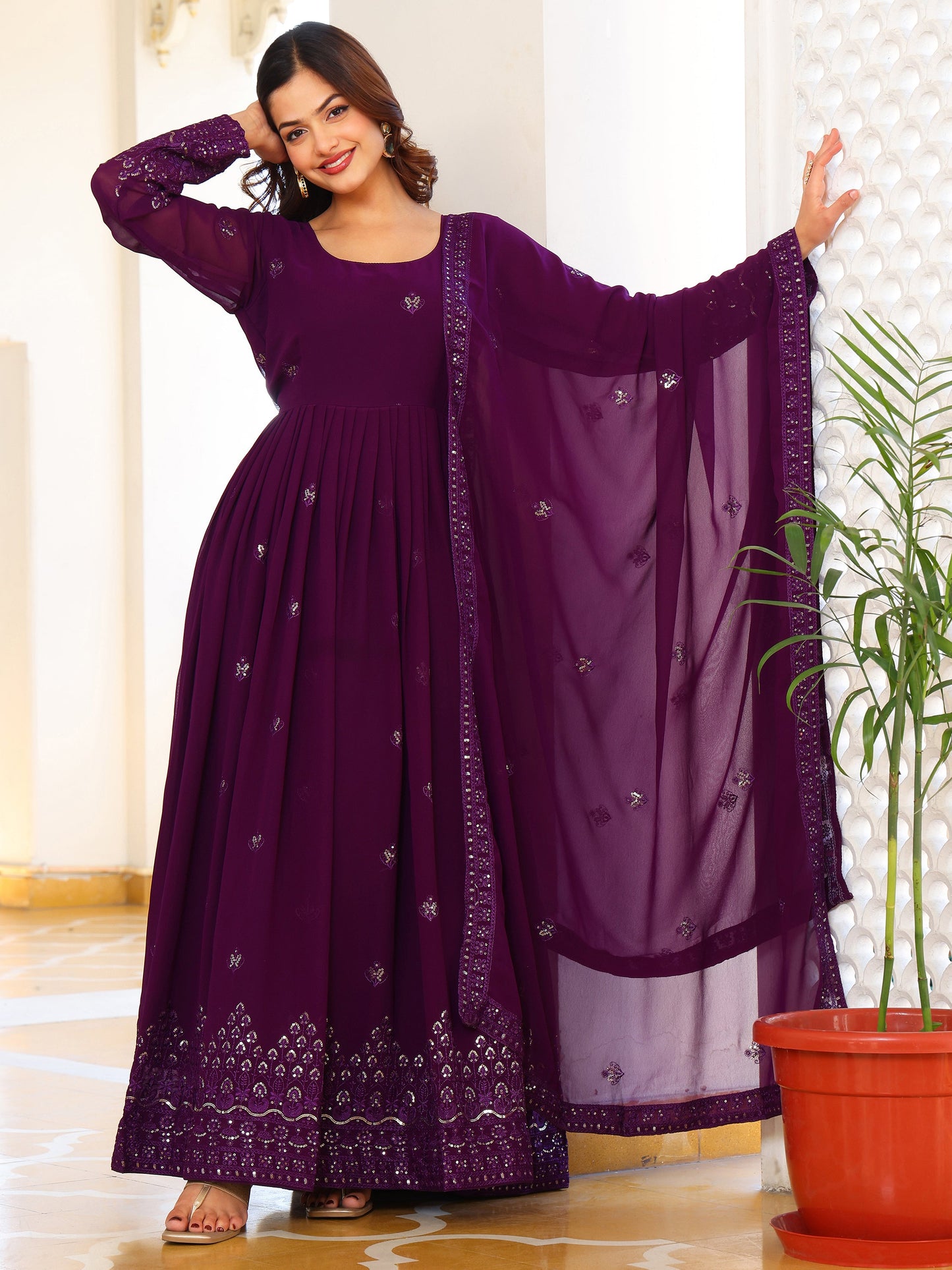 Georgette Embroidered Wine Anarkali Suit