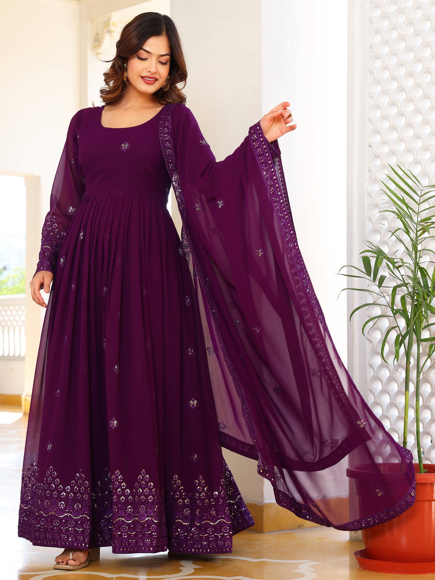 Georgette Embroidered Wine Anarkali Suit