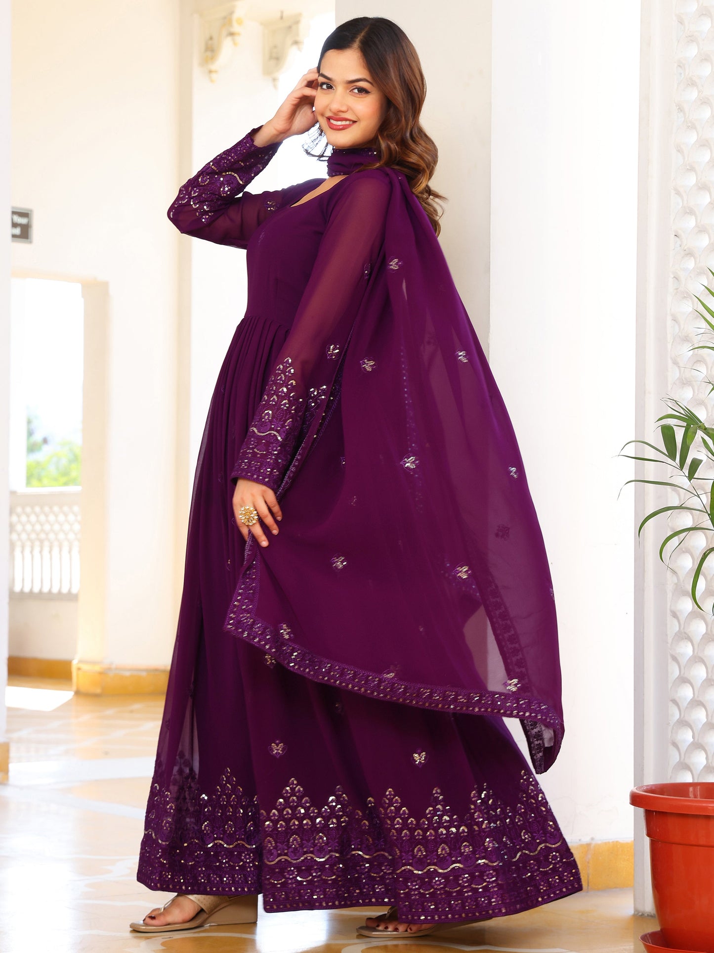 Georgette Embroidered Wine Anarkali Suit