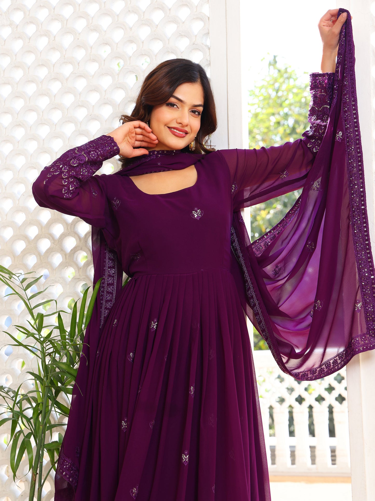 Georgette Embroidered Wine Anarkali Suit