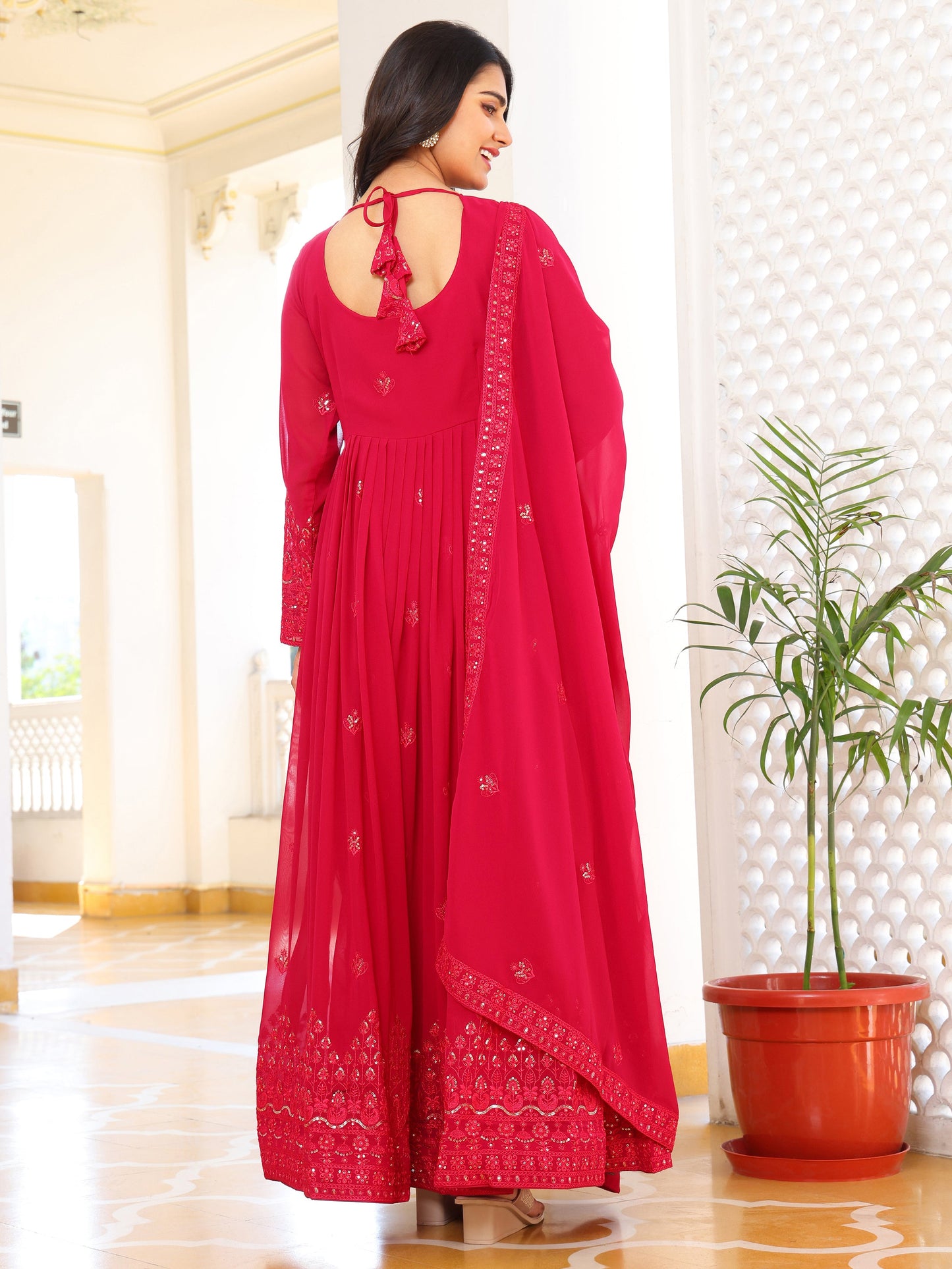 Georgette Embroidered Pink Anarkali Suit