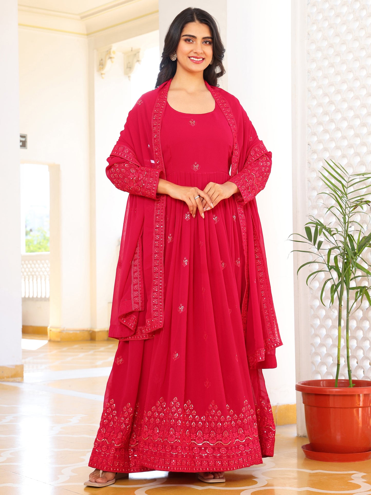 Georgette Embroidered Pink Anarkali Suit