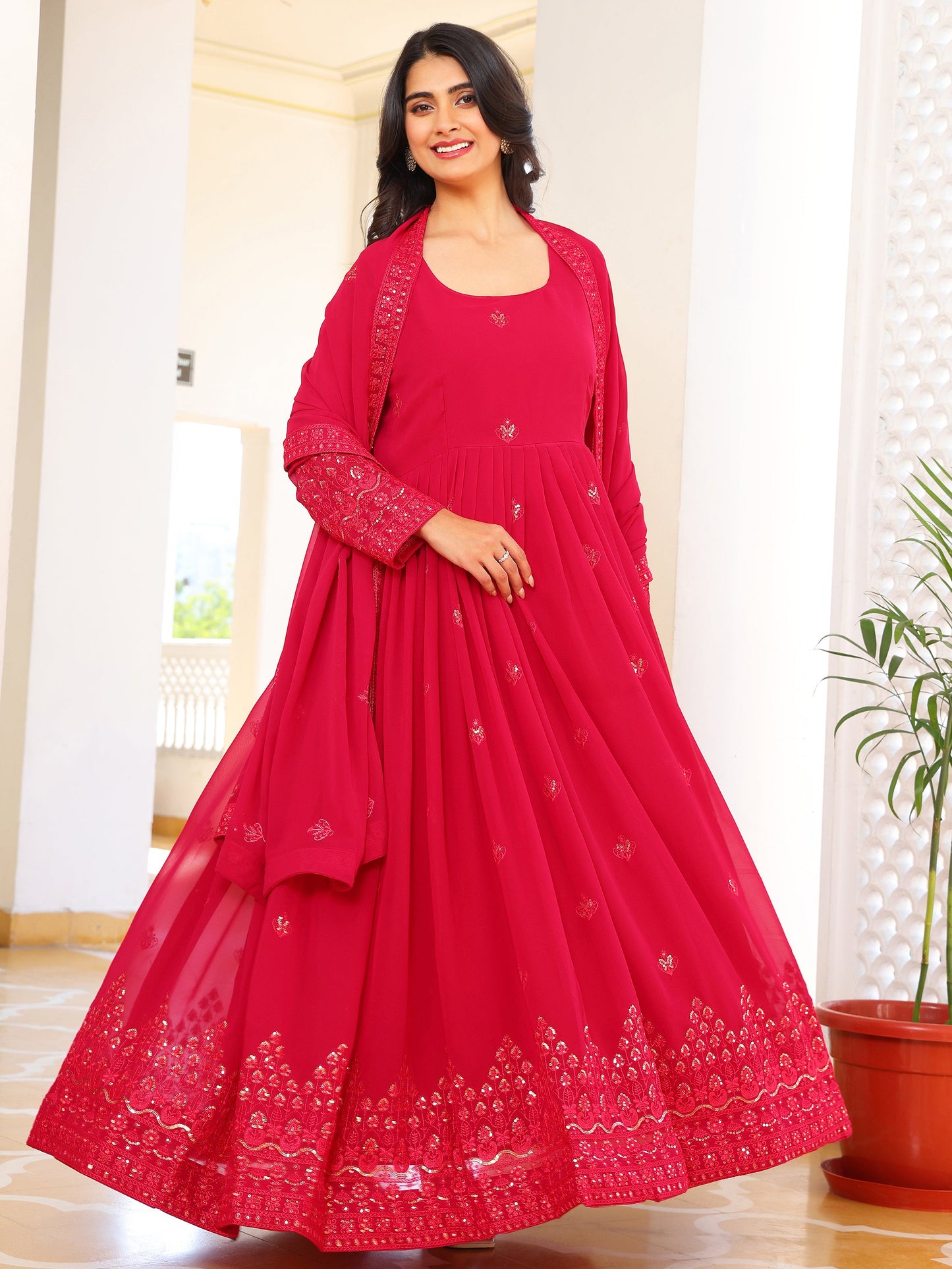 Georgette Embroidered Pink Anarkali Suit
