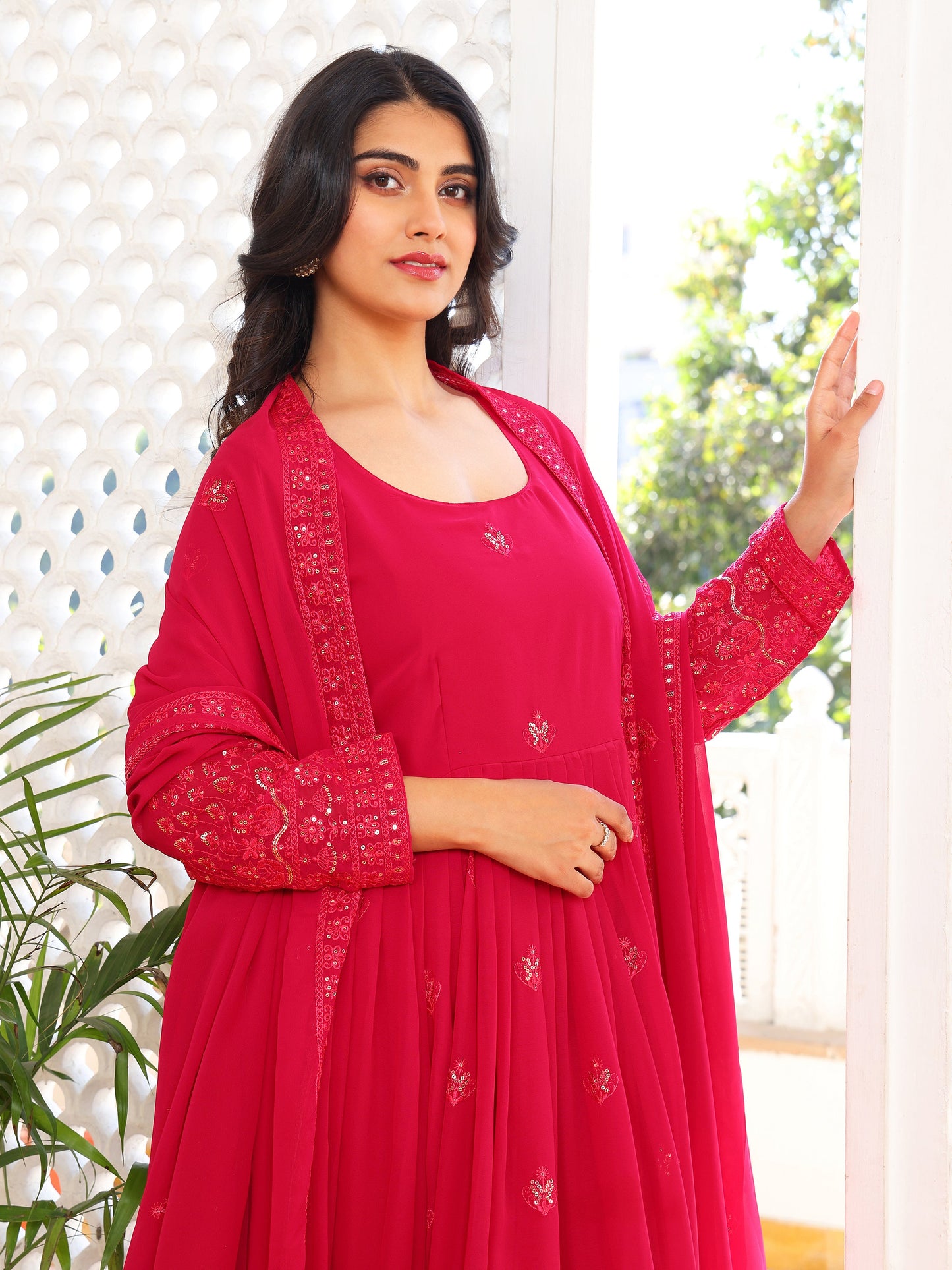 Georgette Embroidered Pink Anarkali Suit