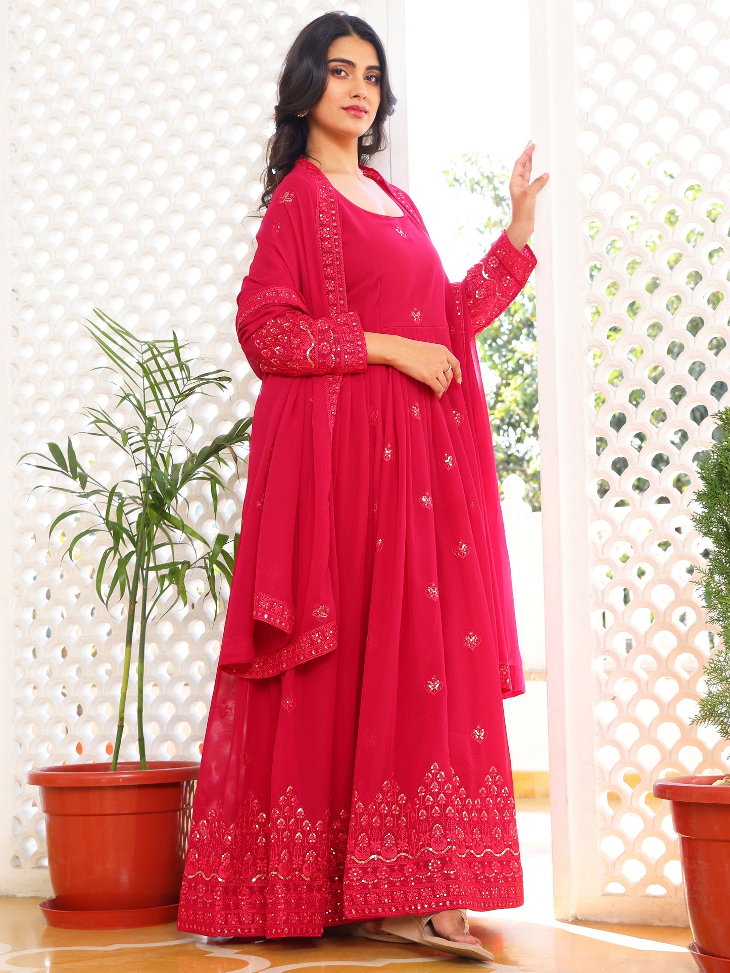Georgette Embroidered Pink Anarkali Suit