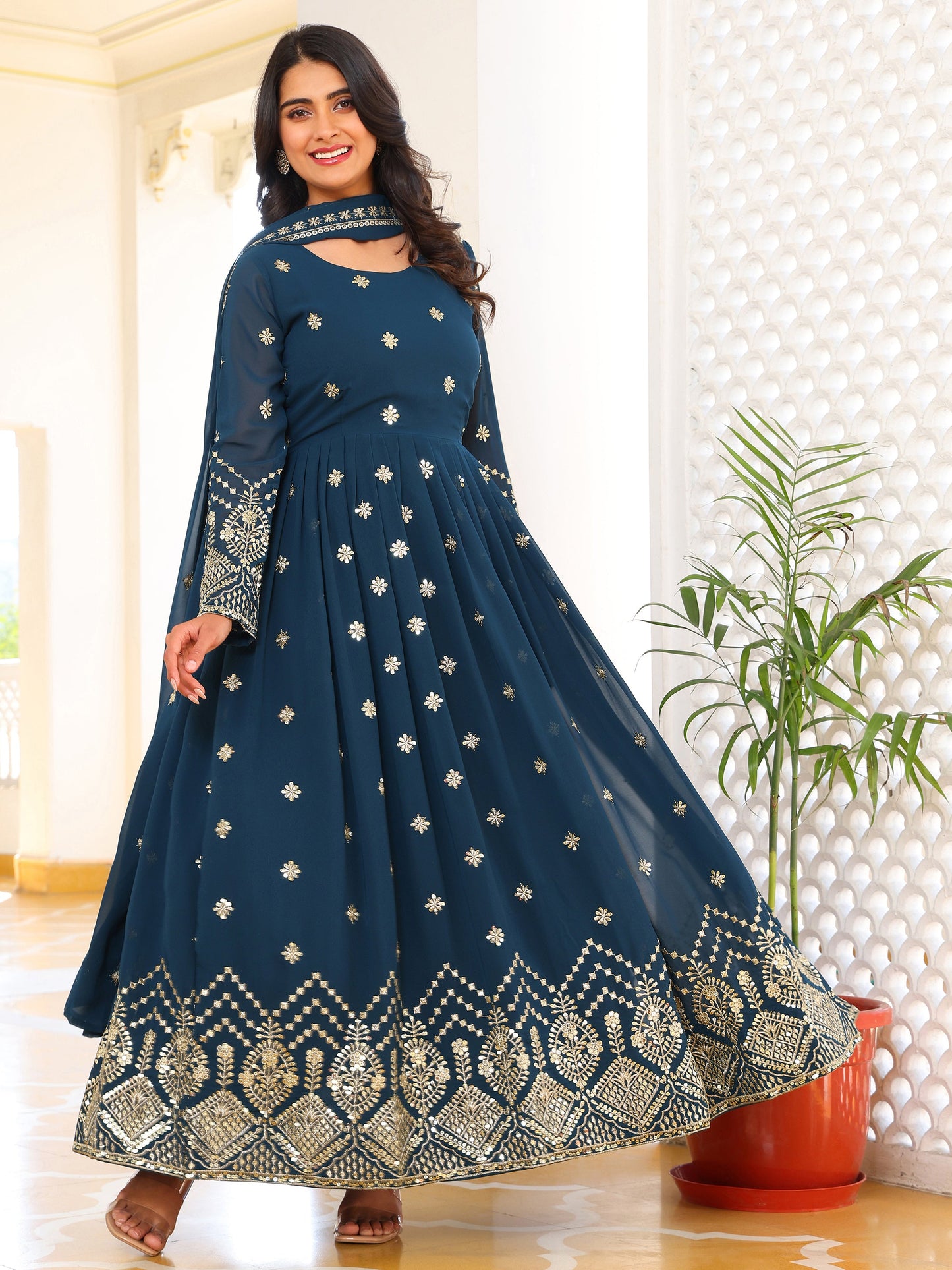 Embroidered Party Wear Turquoise Anarkali Suit