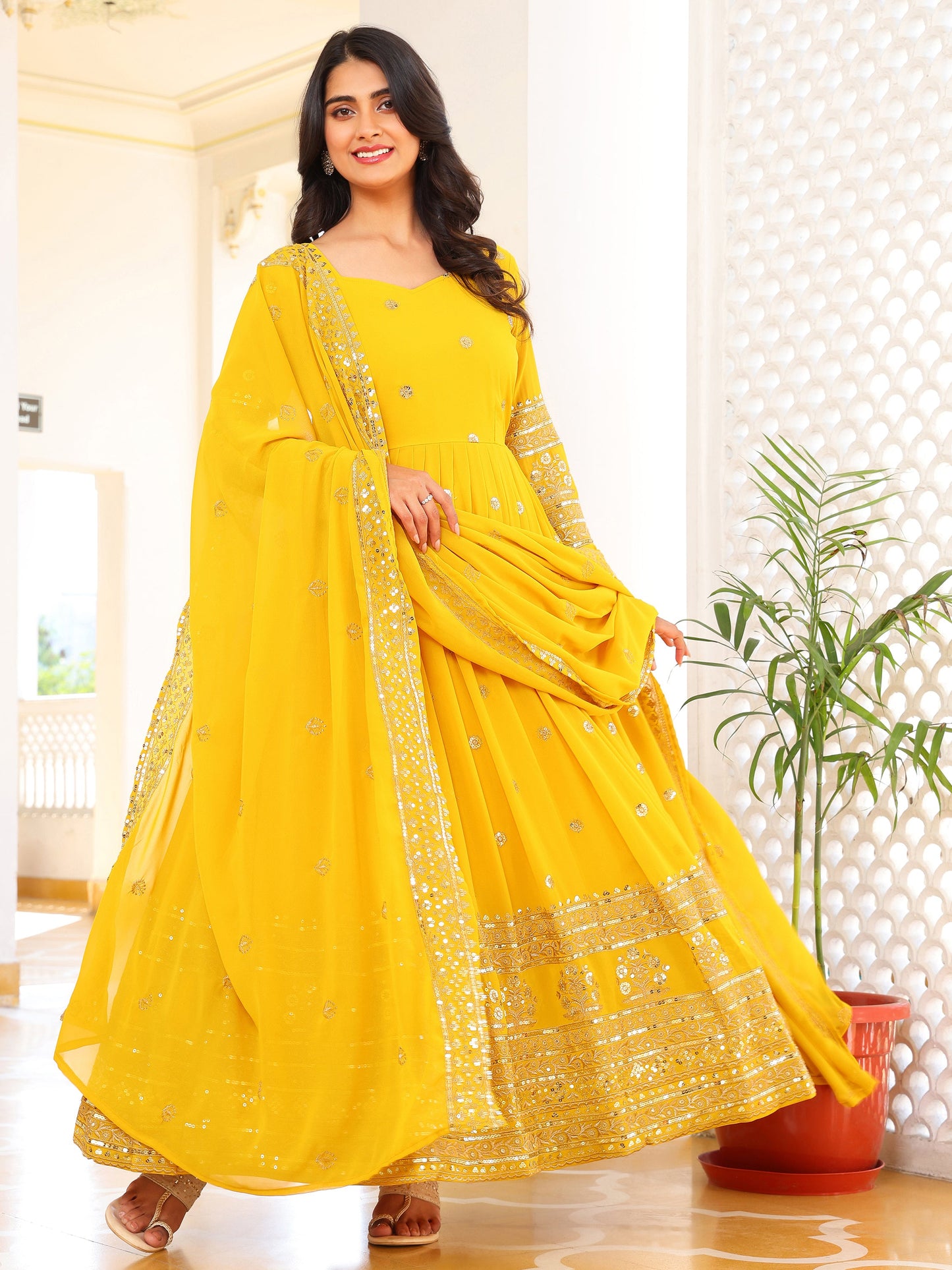 Party Wear Georgette Yellow Anarkli Suit