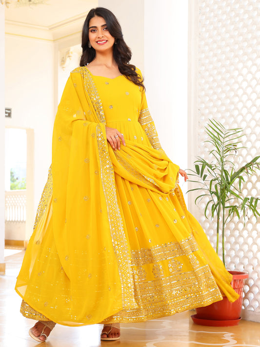 Party Wear Georgette Yellow Anarkli Suit